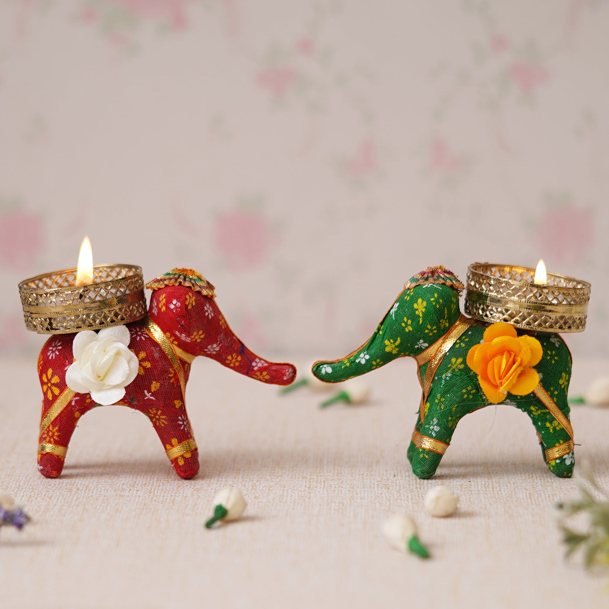eCraftIndia Red and Green Elephant Decorative Tea Light Candle Holders (Set of 2) 4