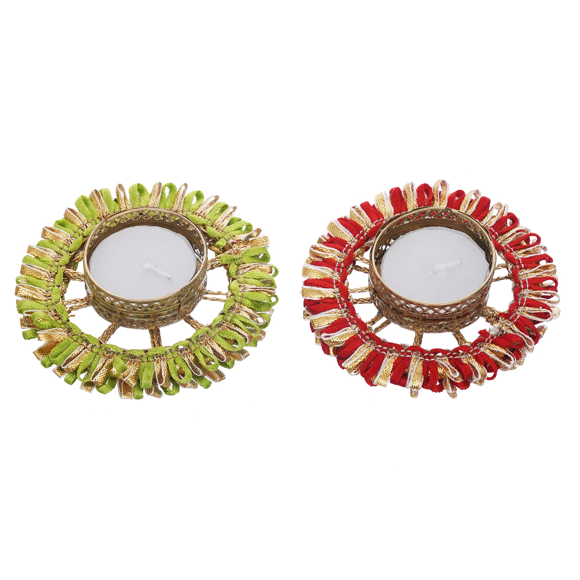 eCraftIndia Set of 2 Red and Green Round Shaped Floral Decorative Tea Light Candle Holders 2