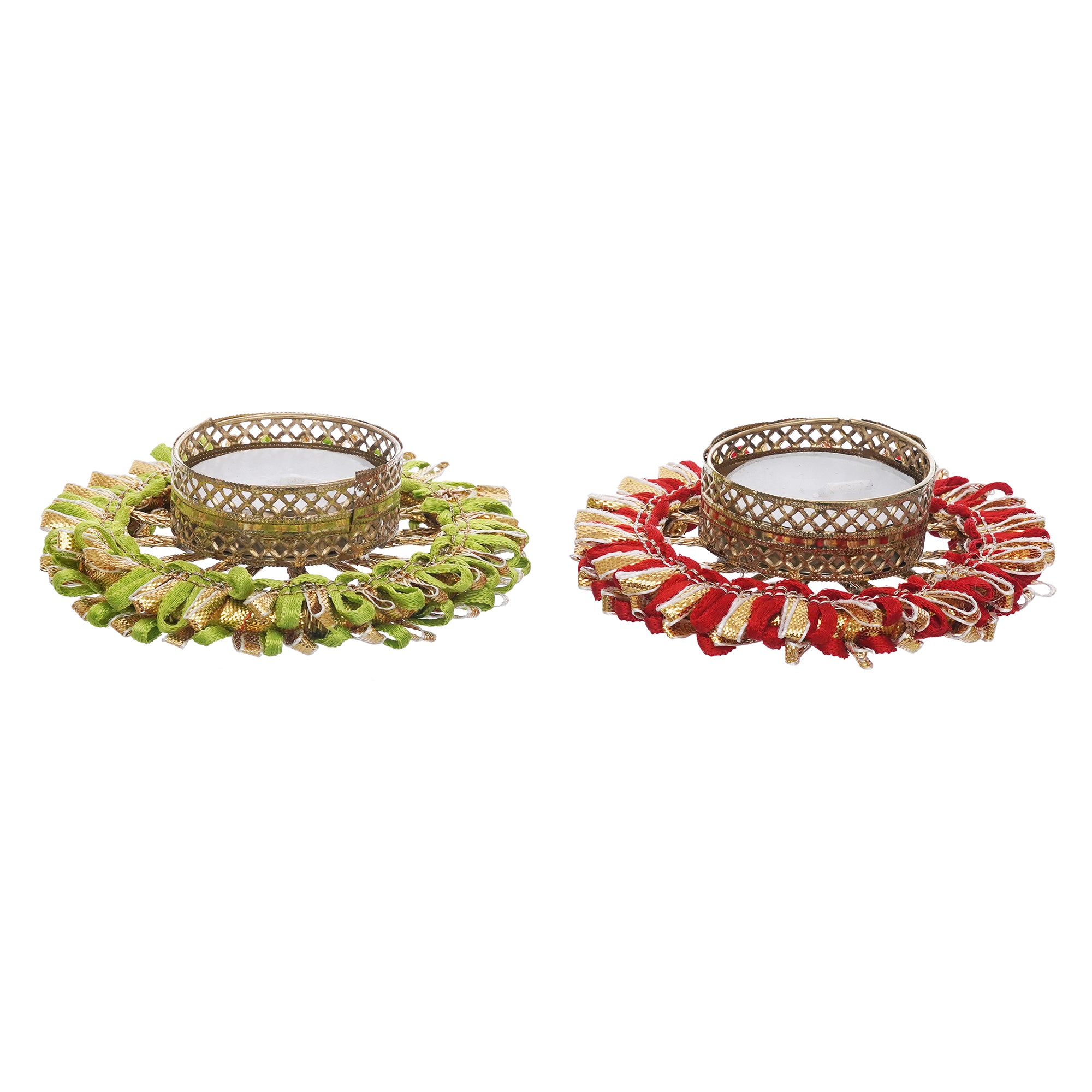 eCraftIndia Set of 2 Red and Green Round Shaped Floral Decorative Tea Light Candle Holders 6