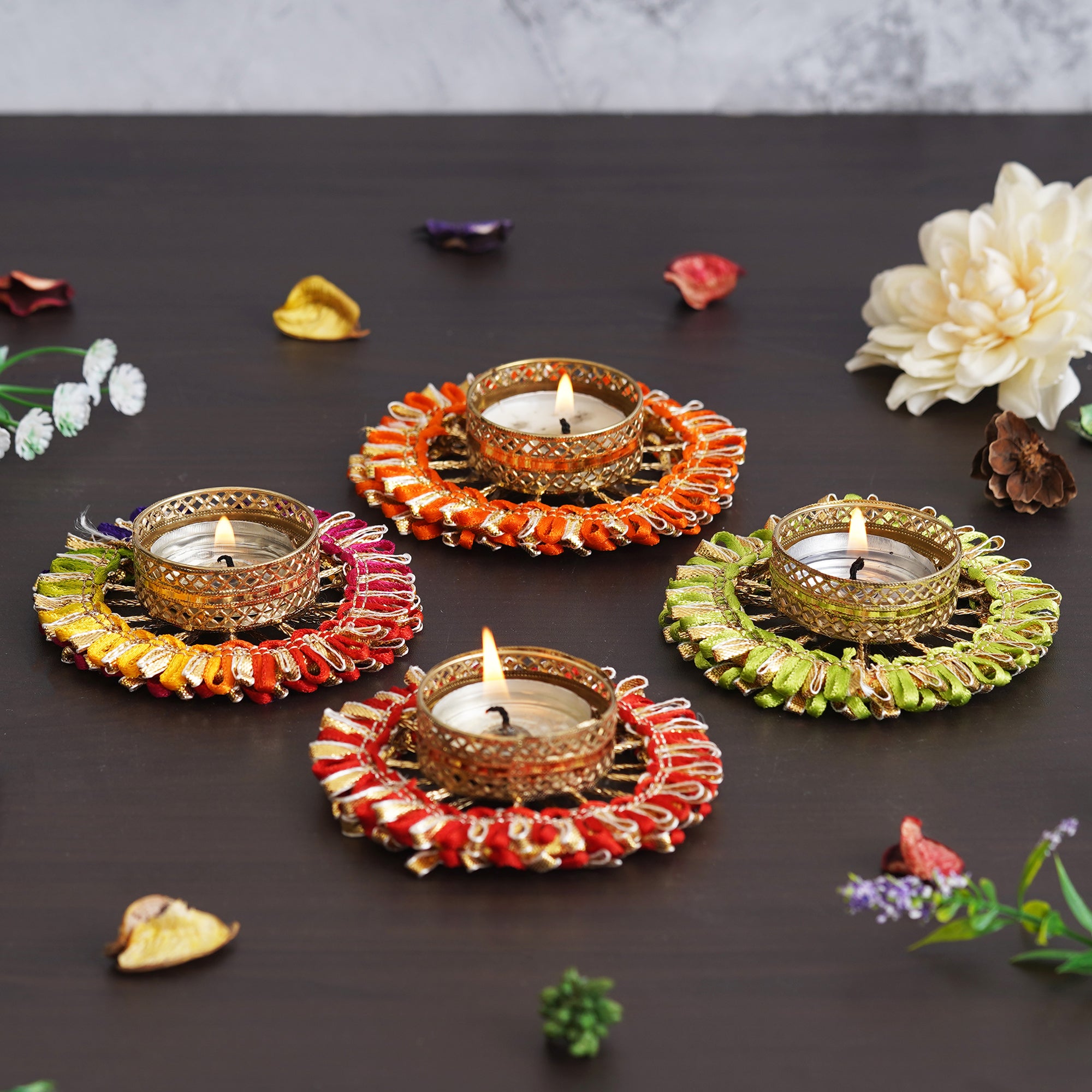 eCraftIndia Set of 4 Multicolor Round Shaped Floral Decorative Tea Light Candle Holders 5