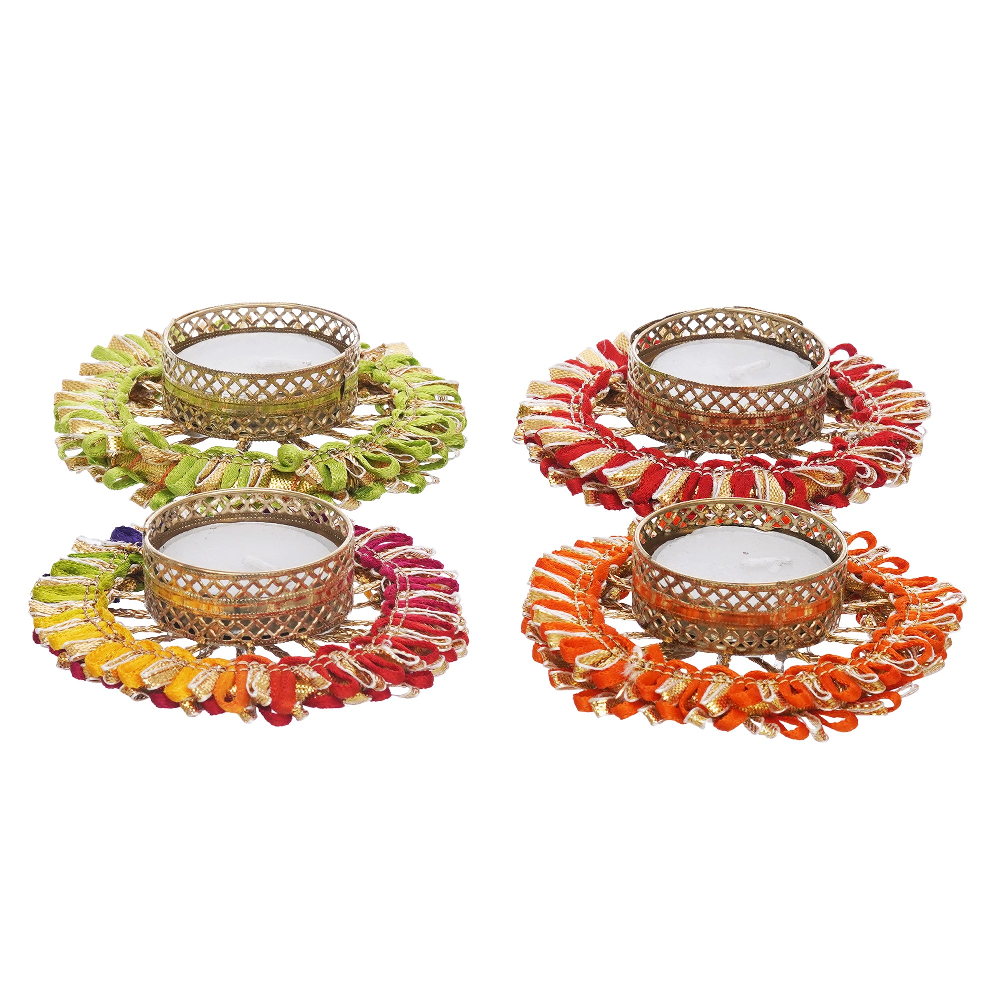 eCraftIndia Set of 4 Multicolor Round Shaped Floral Decorative Tea Light Candle Holders 6