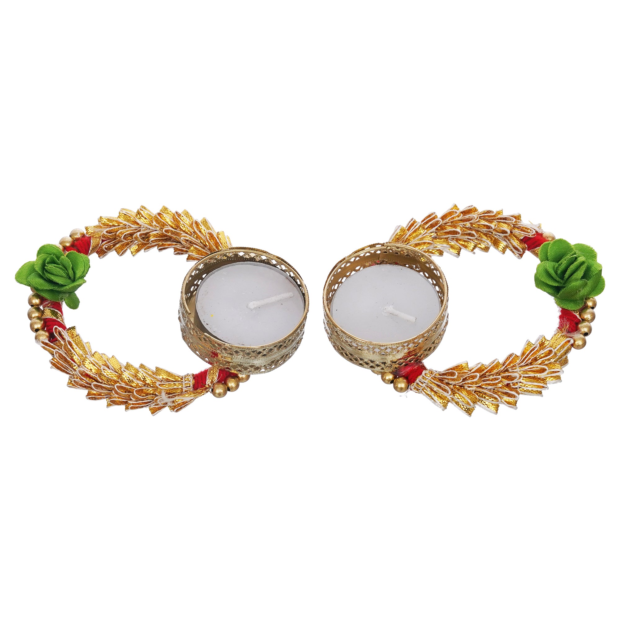 eCraftIndia Set of 2 Green and Golden Round Shaped Floral Decorative Tea Light Candle Holders 2