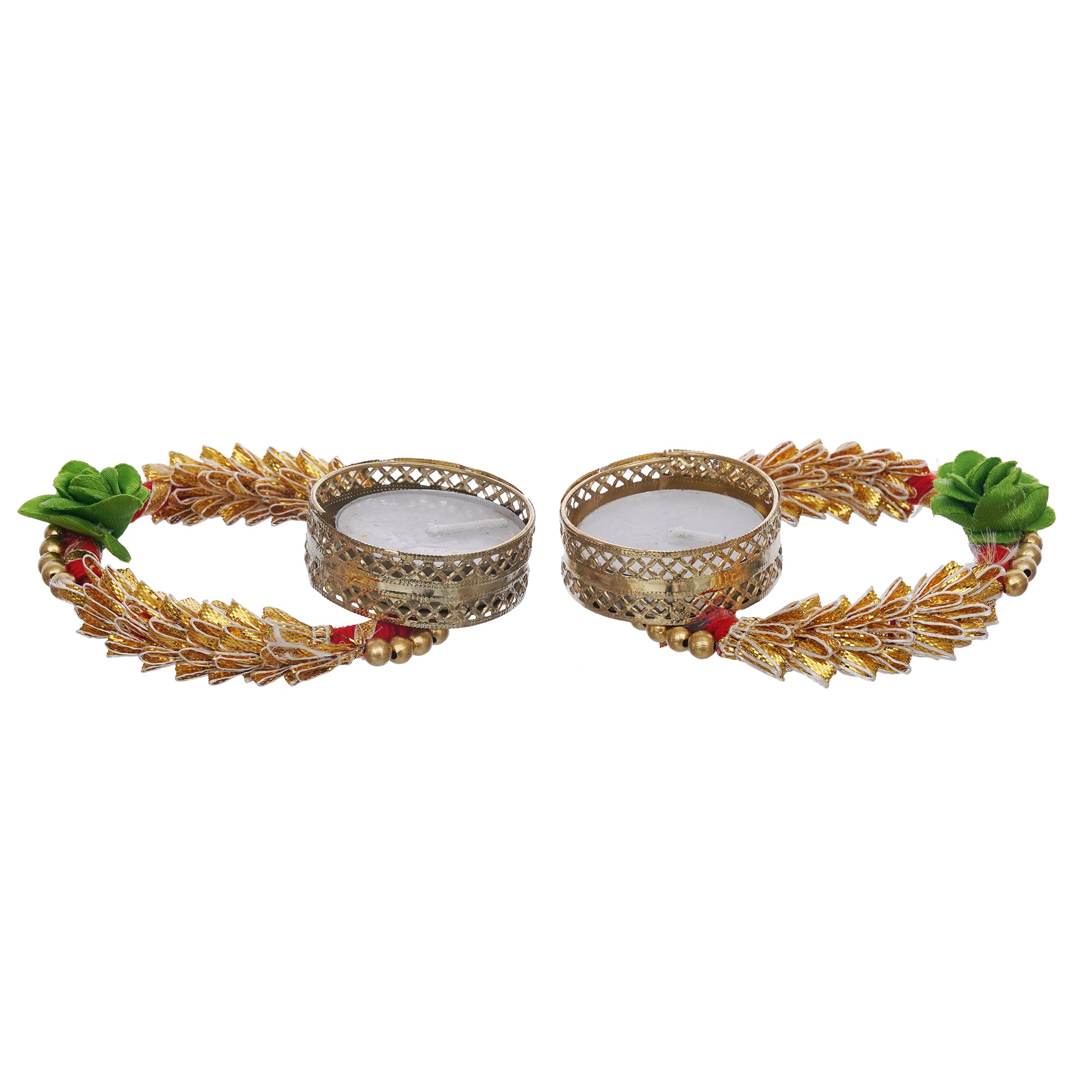 eCraftIndia Set of 2 Green and Golden Round Shaped Floral Decorative Tea Light Candle Holders 6