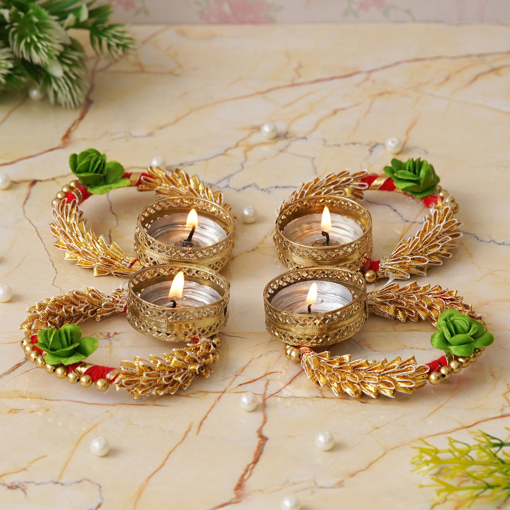 eCraftIndia Set of 4 Green and Golden Round Shaped Floral Decorative Tea Light Candle Holders 1
