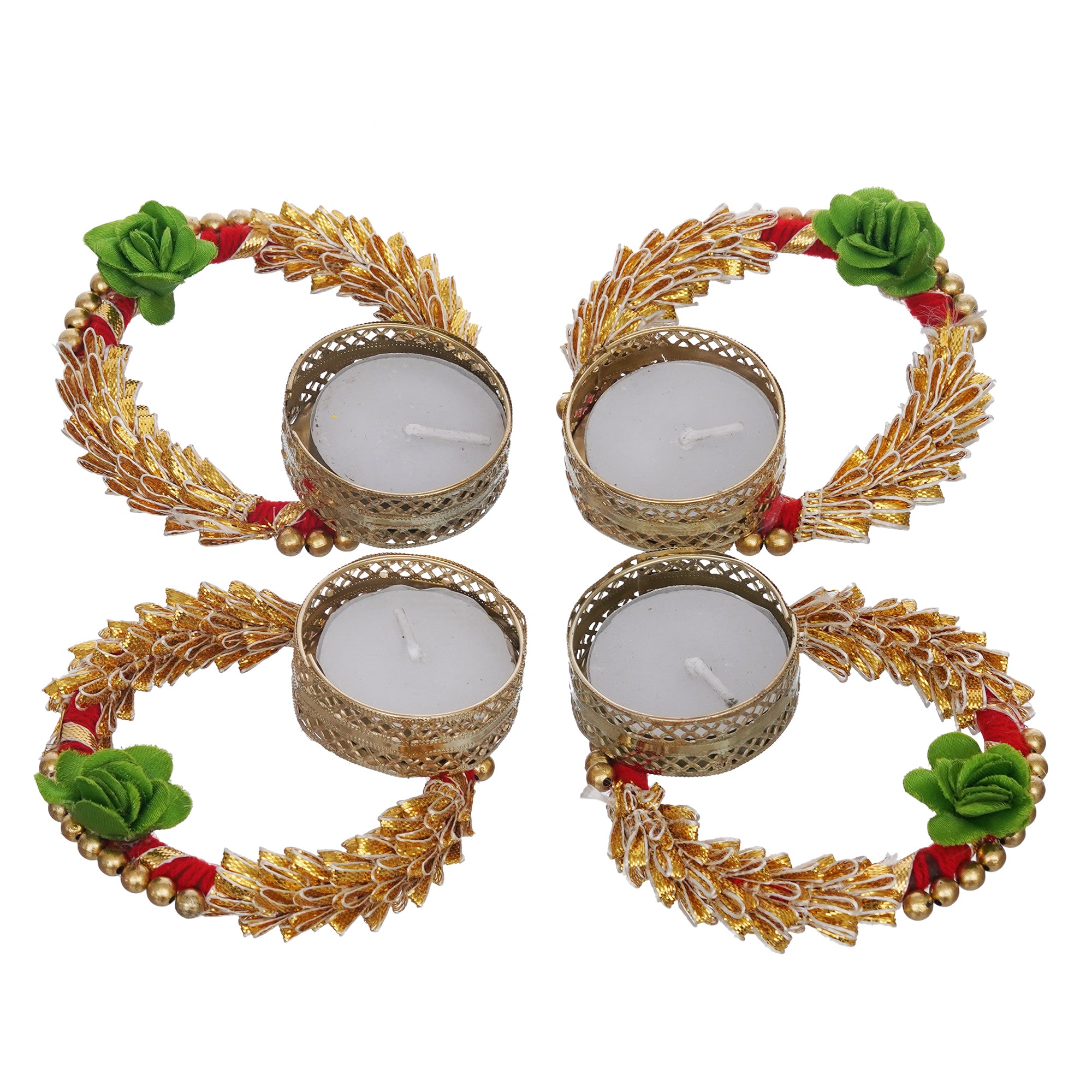 eCraftIndia Set of 4 Green and Golden Round Shaped Floral Decorative Tea Light Candle Holders 2