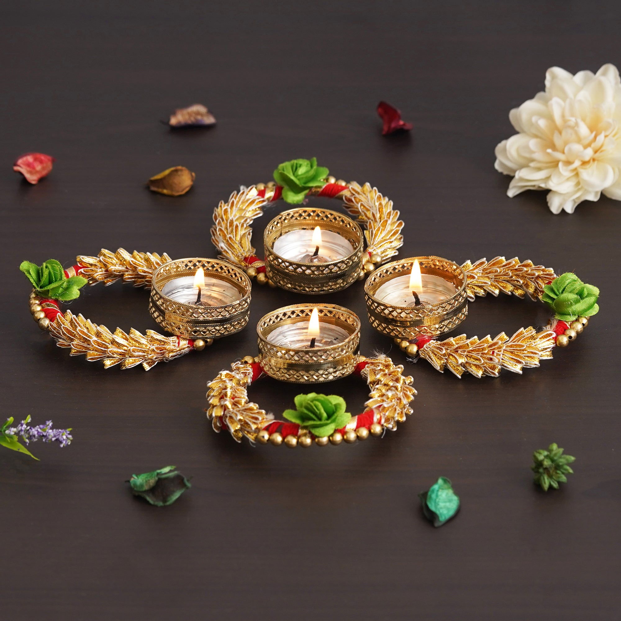 eCraftIndia Set of 4 Green and Golden Round Shaped Floral Decorative Tea Light Candle Holders 4