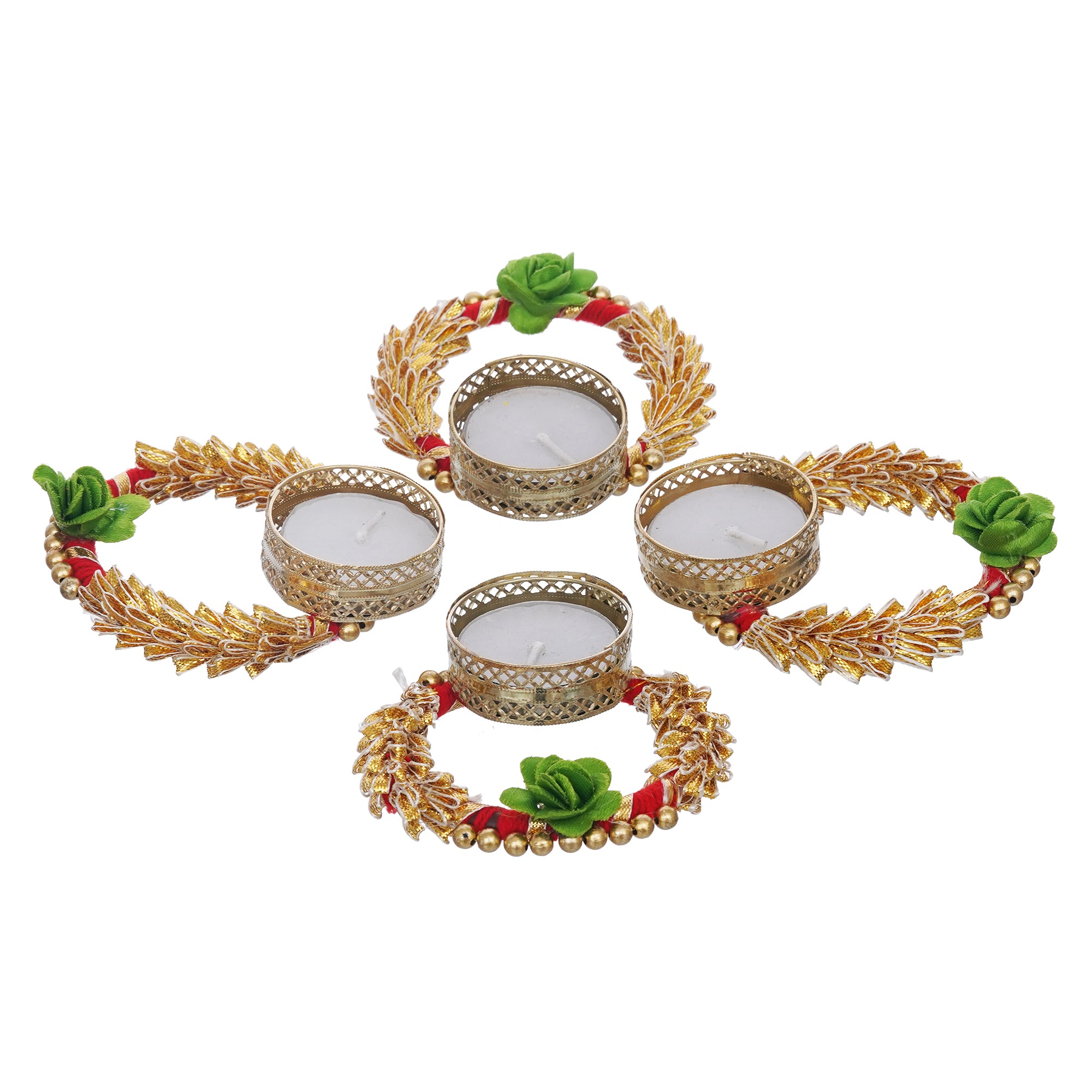 eCraftIndia Set of 4 Green and Golden Round Shaped Floral Decorative Tea Light Candle Holders 7