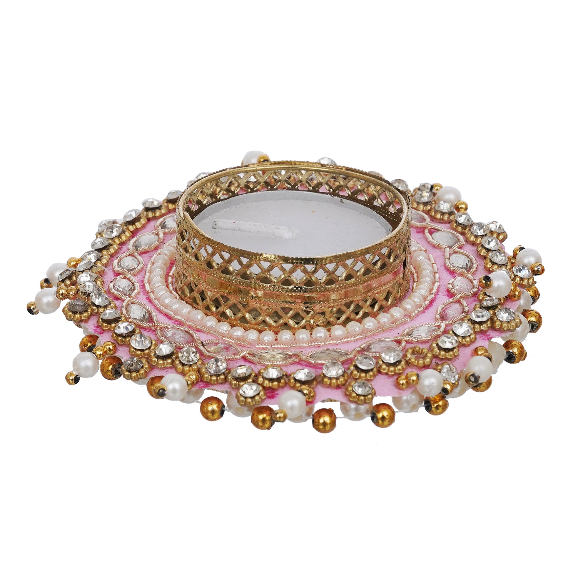 eCraftIndia Pink Bead and Pearl Handcrafted Beautiful Designer Tea Light Candle Holder 6
