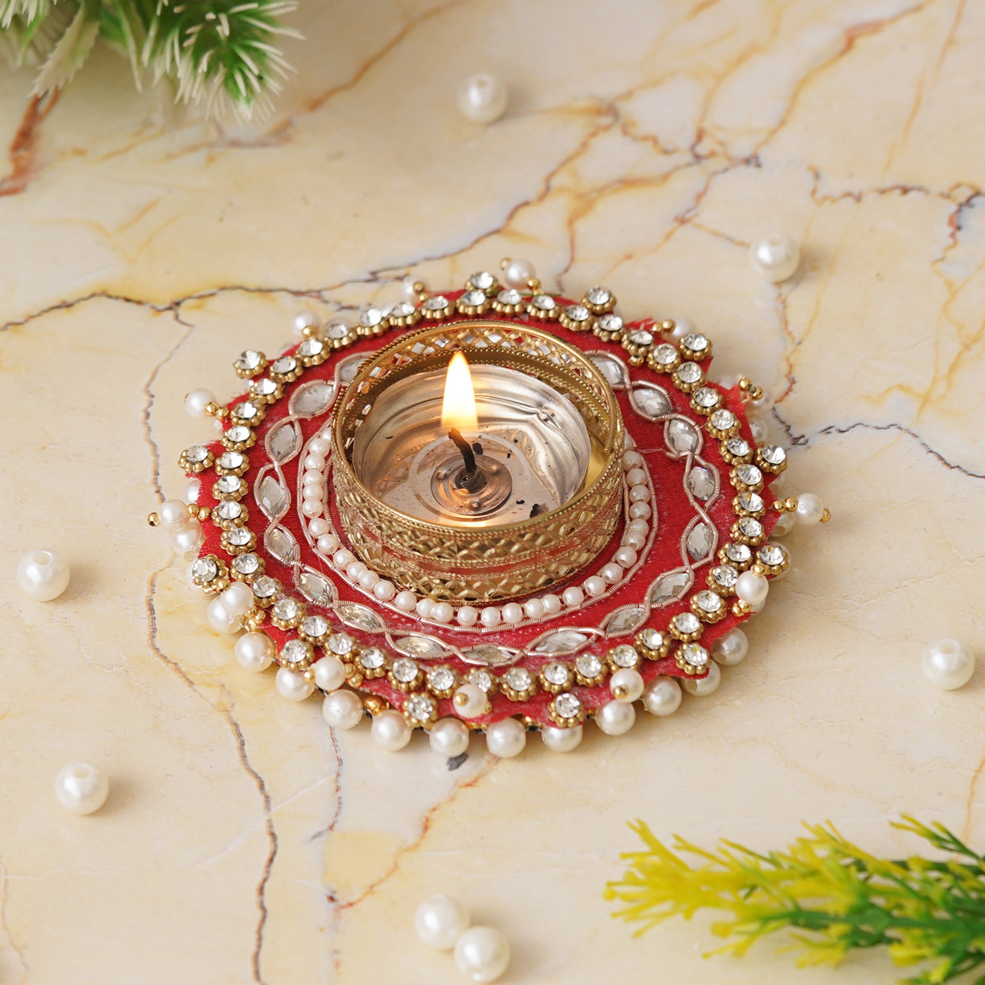 eCraftIndia Red Bead and Pearl Handcrafted Beautiful Designer Tea Light Candle Holder