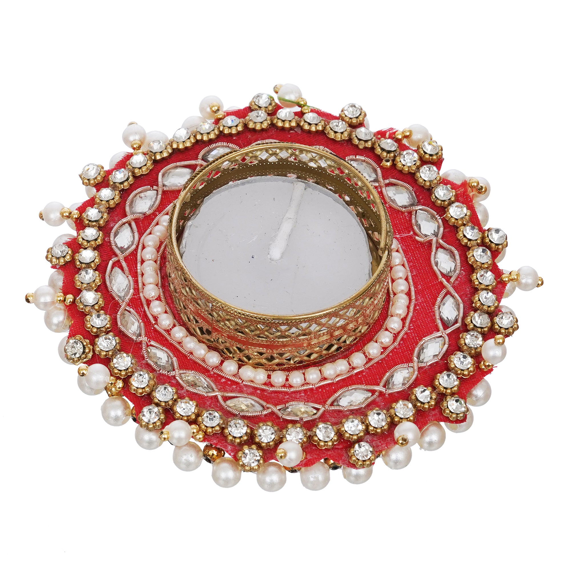 eCraftIndia Red Bead and Pearl Handcrafted Beautiful Designer Tea Light Candle Holder 2
