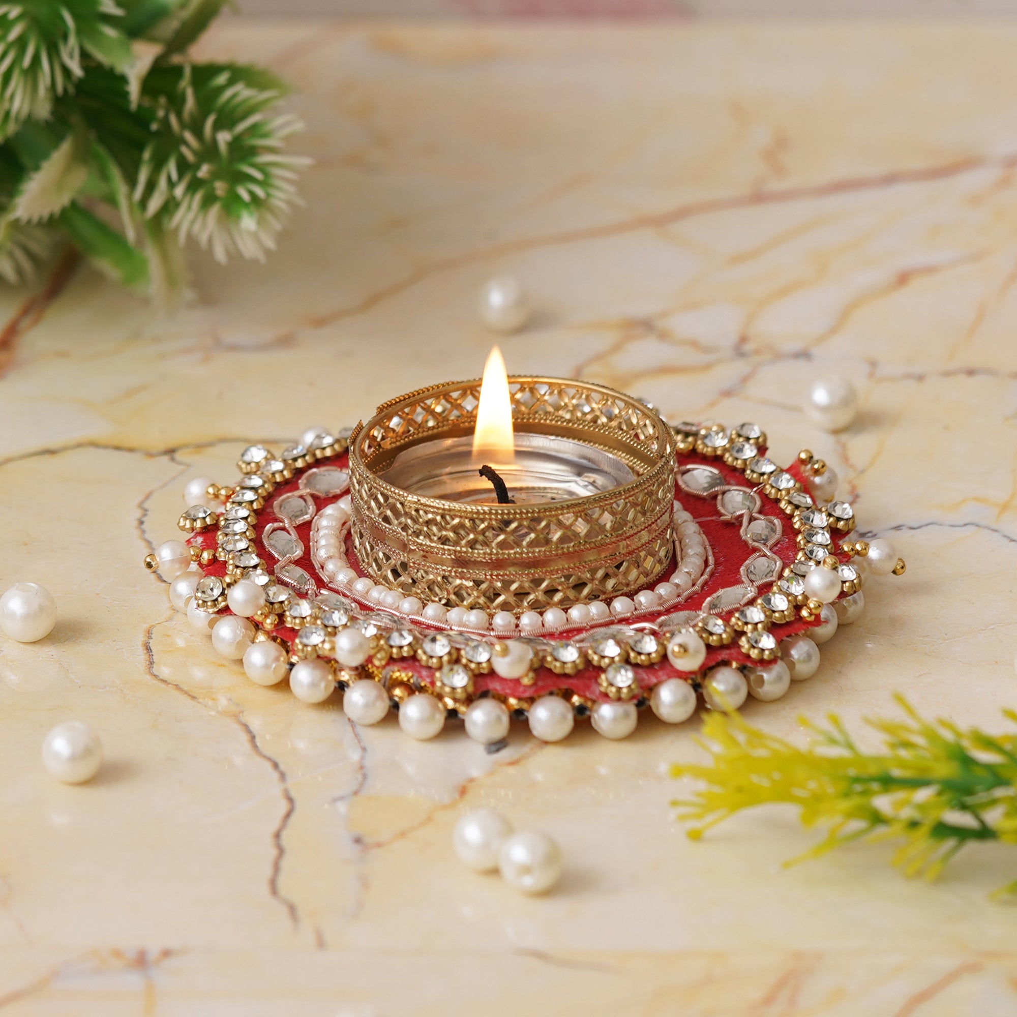 eCraftIndia Red Bead and Pearl Handcrafted Beautiful Designer Tea Light Candle Holder 4