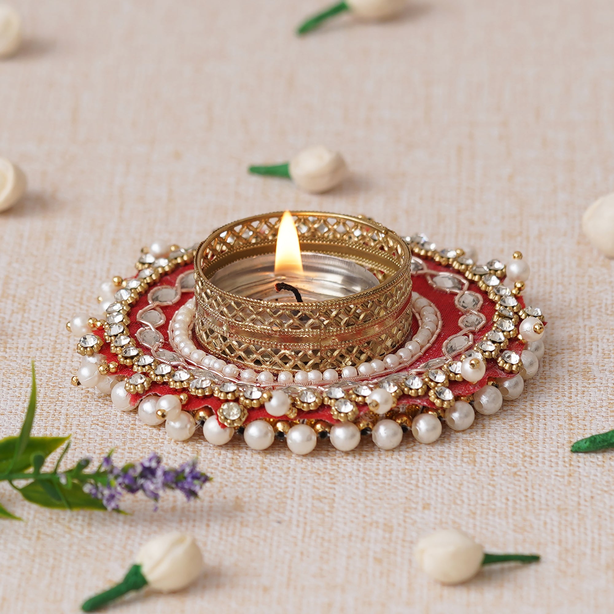 eCraftIndia Red Bead and Pearl Handcrafted Beautiful Designer Tea Light Candle Holder 5