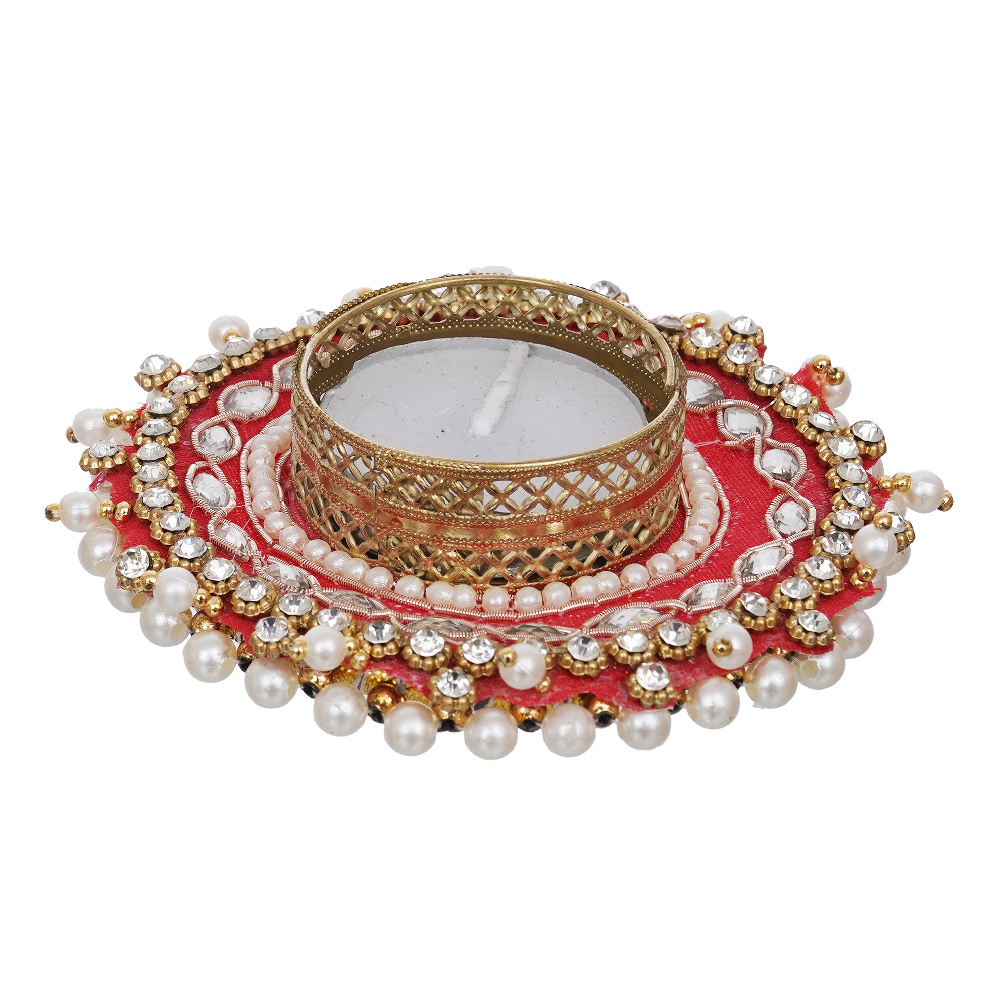 eCraftIndia Red Bead and Pearl Handcrafted Beautiful Designer Tea Light Candle Holder 6