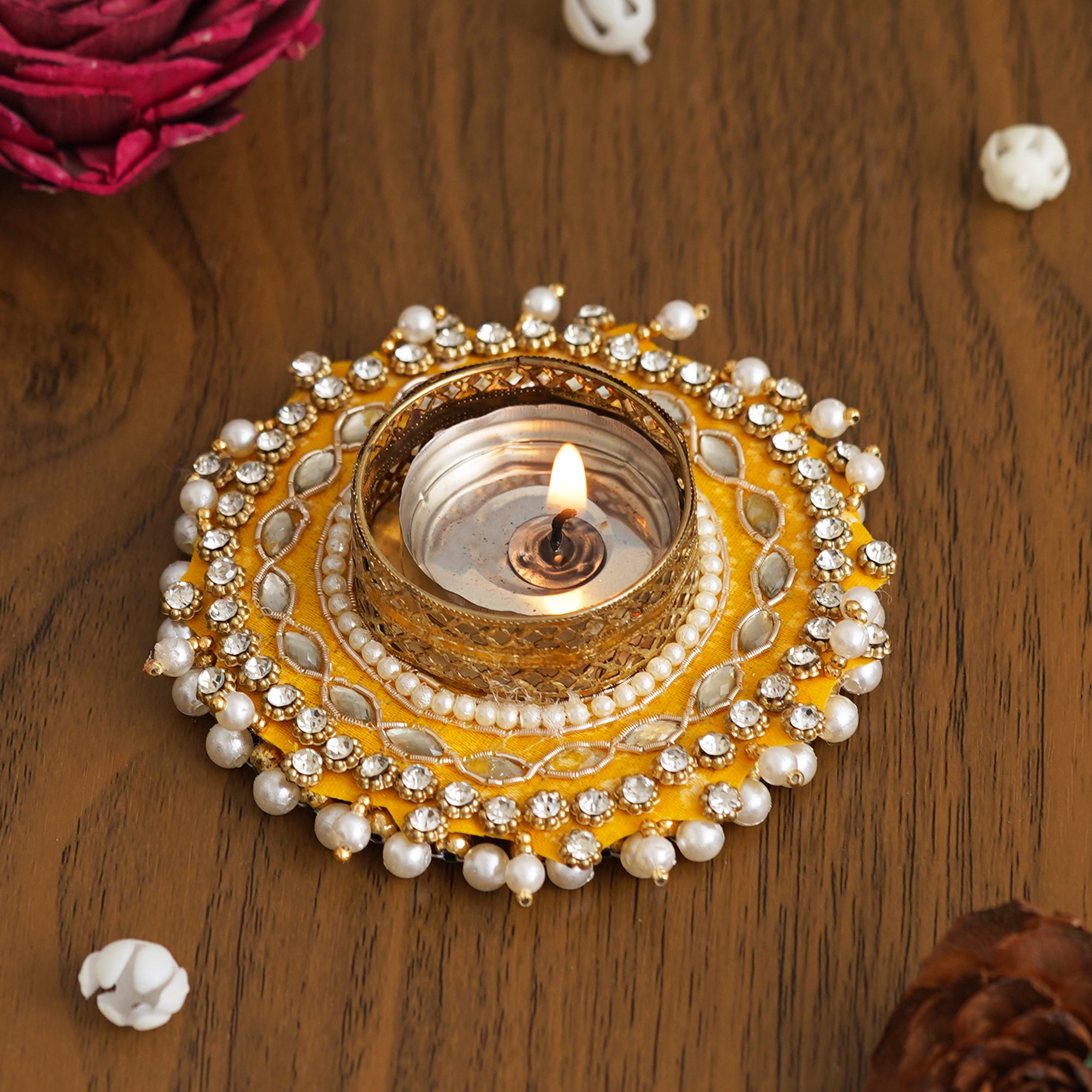 eCraftIndia Yellow Diamond Beads and Pearls Handcrafted Beautiful Designer Tea Light Candle Holder 1