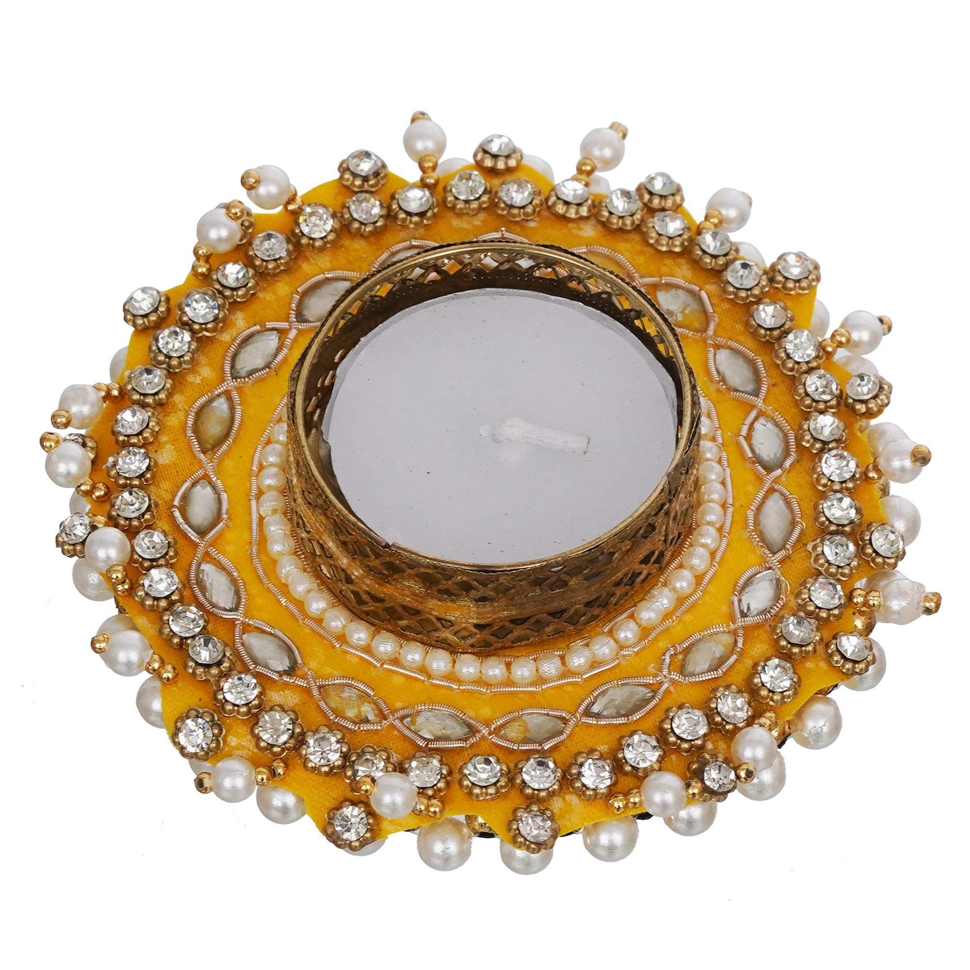 eCraftIndia Yellow Diamond Beads and Pearls Handcrafted Beautiful Designer Tea Light Candle Holder 2