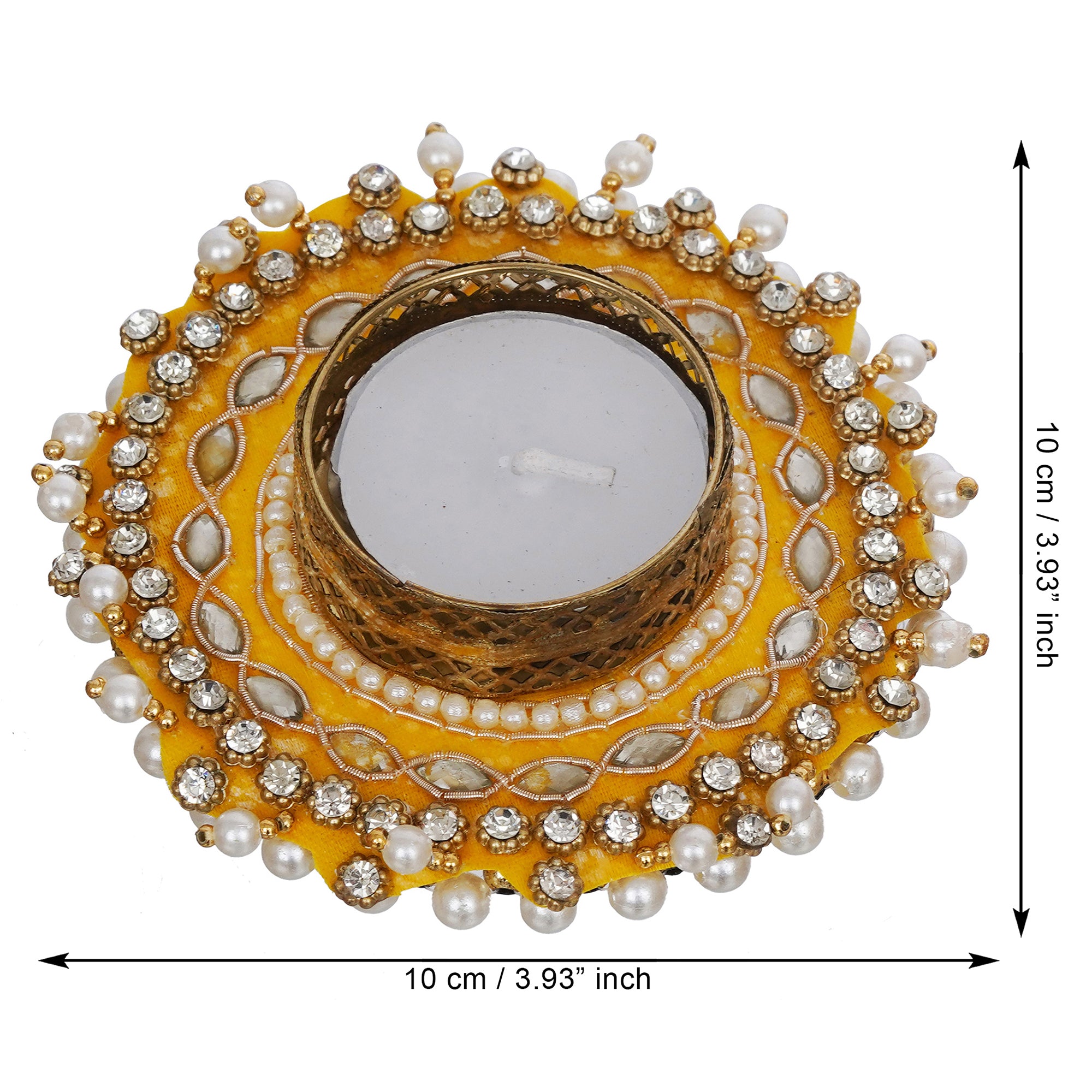 eCraftIndia Yellow Diamond Beads and Pearls Handcrafted Beautiful Designer Tea Light Candle Holder 3