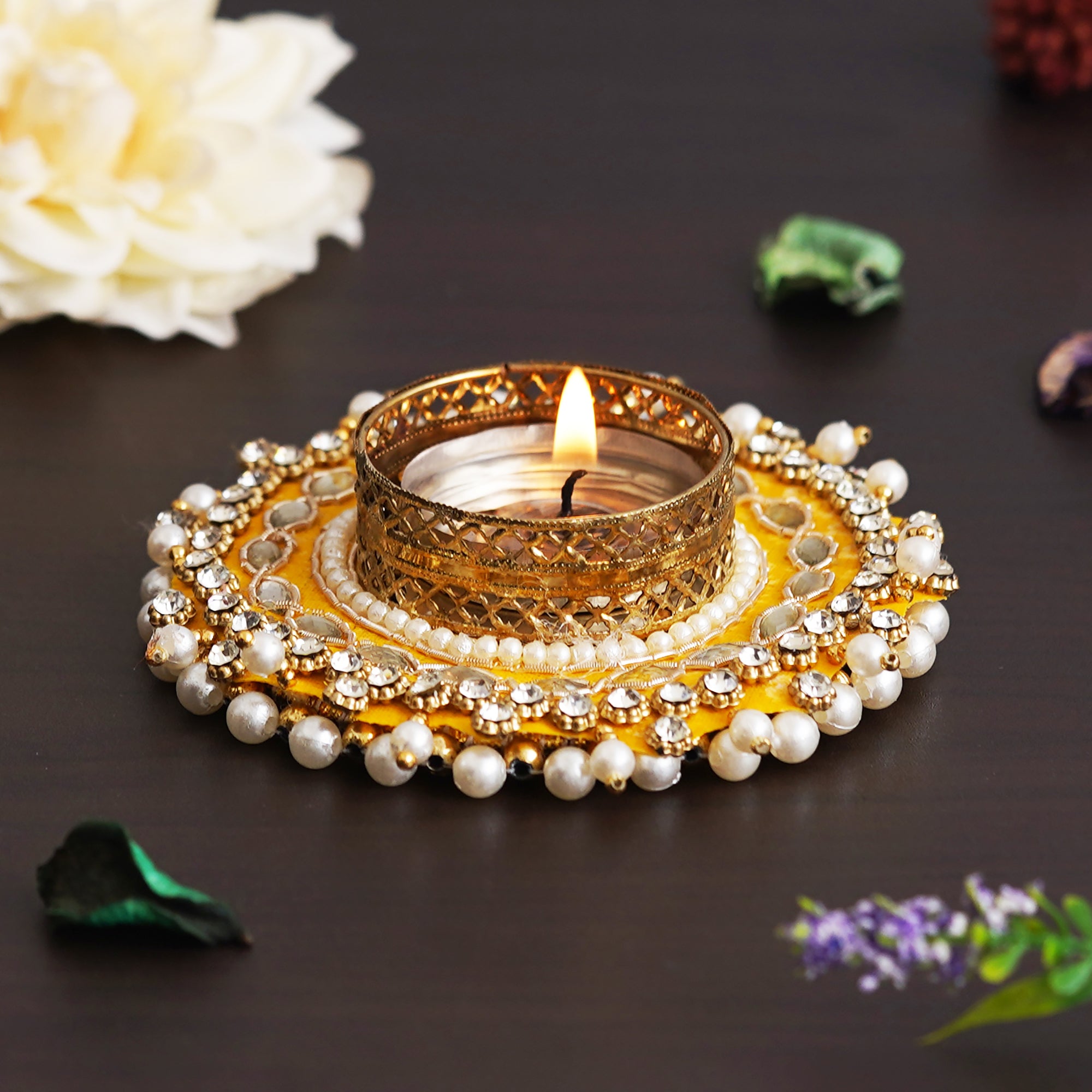 eCraftIndia Yellow Diamond Beads and Pearls Handcrafted Beautiful Designer Tea Light Candle Holder 4