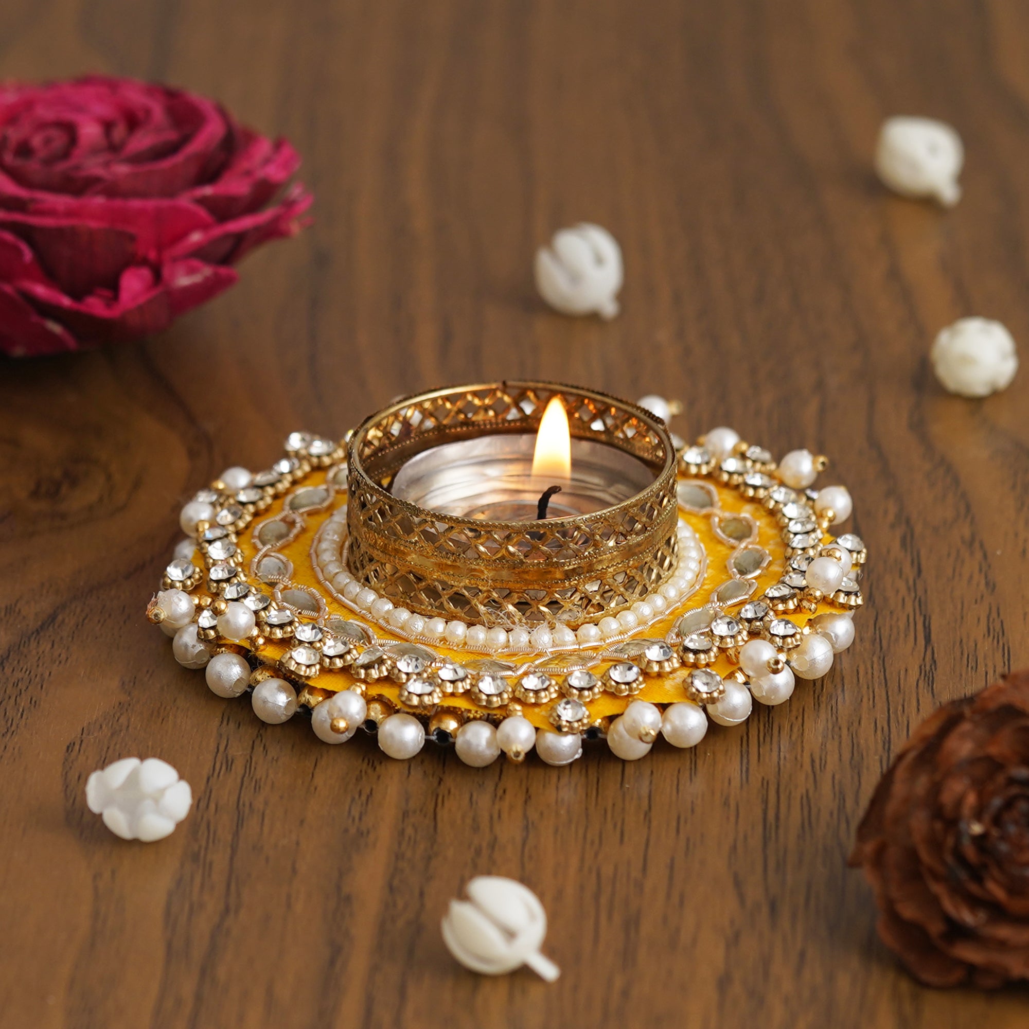 eCraftIndia Yellow Diamond Beads and Pearls Handcrafted Beautiful Designer Tea Light Candle Holder 5