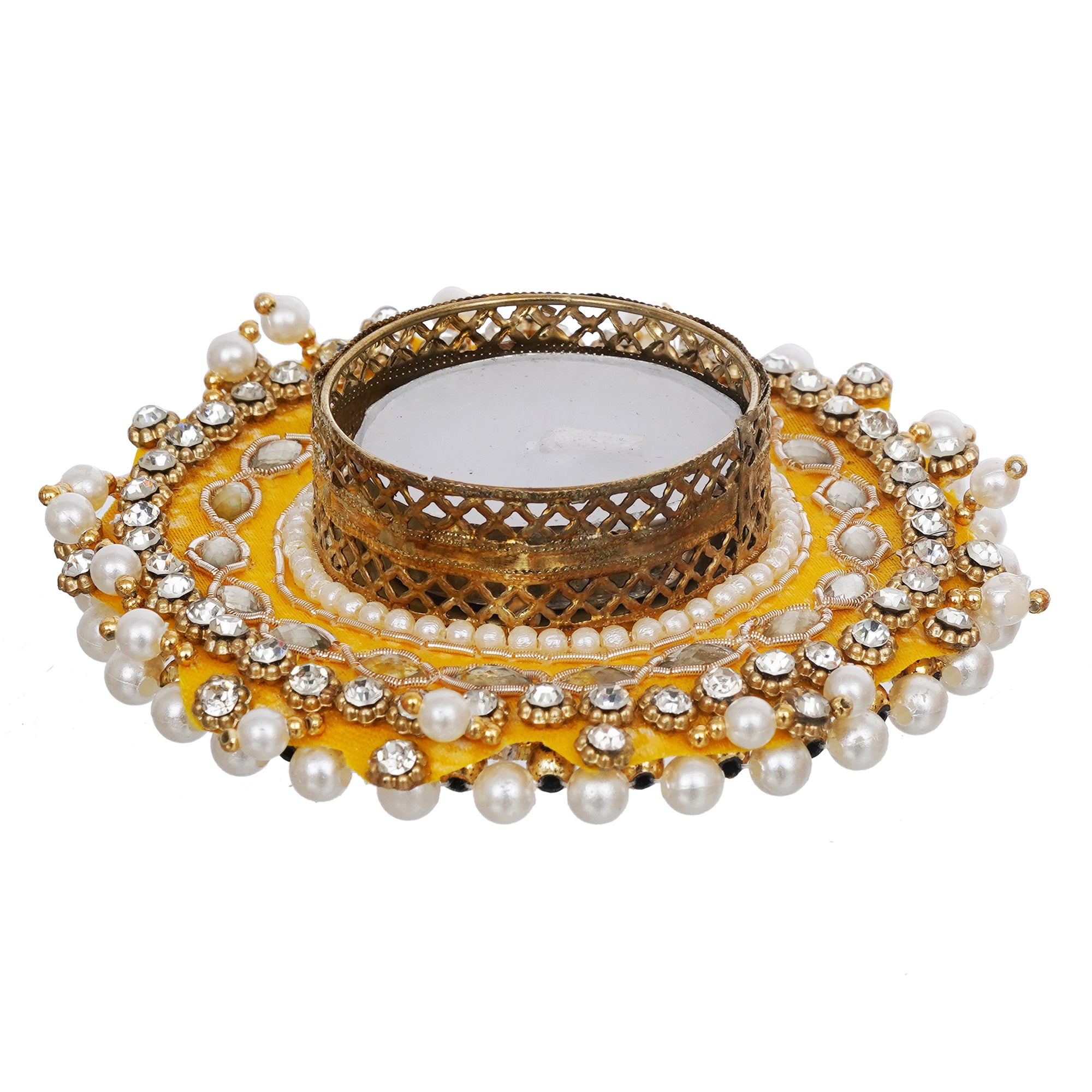 eCraftIndia Yellow Diamond Beads and Pearls Handcrafted Beautiful Designer Tea Light Candle Holder 6