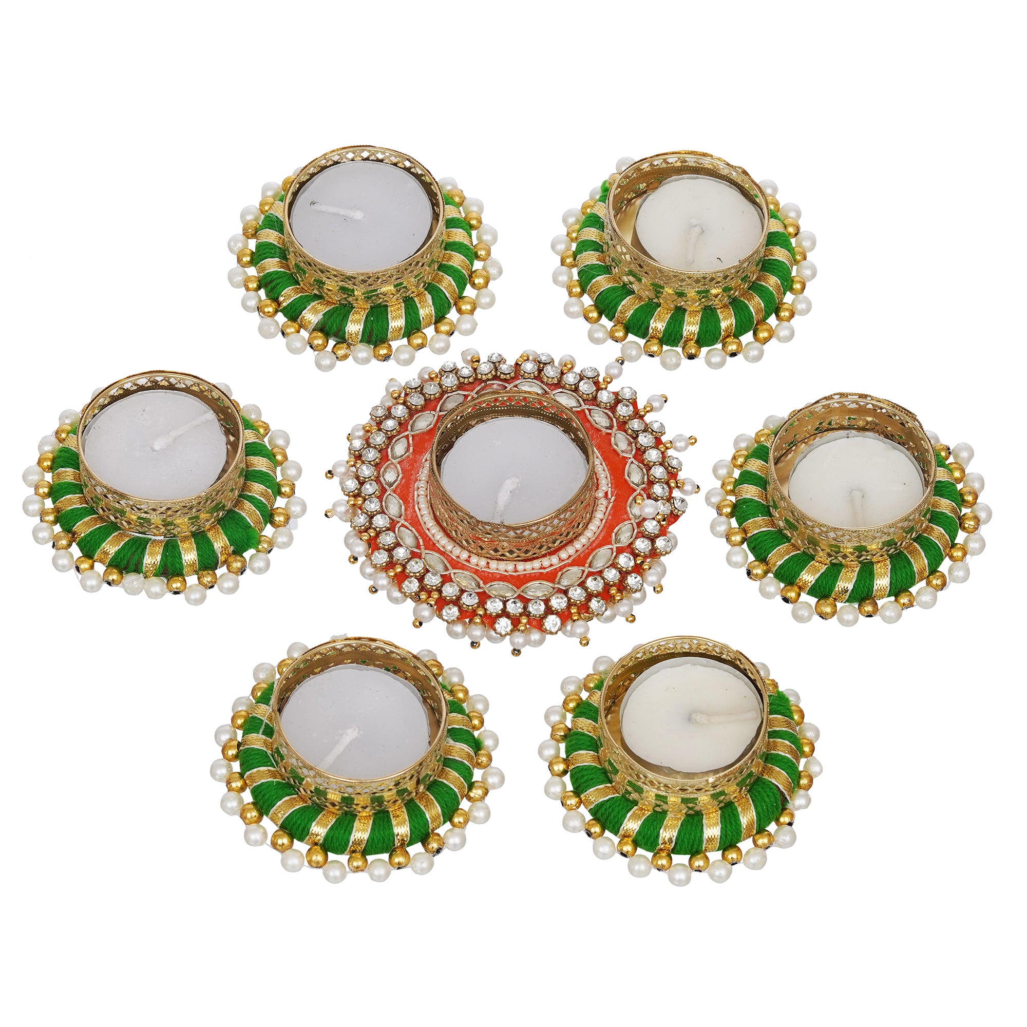 eCraftIndia Set of 7 Round Shaped Diamond Beads and Pearls Decorative Tea Light Candle Holders 2