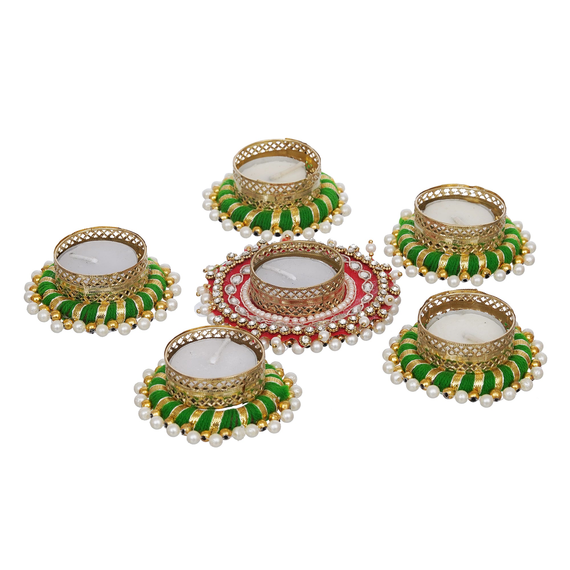 eCraftIndia Set of 7 Round Shaped Diamond Beads and Pearls Decorative Tea Light Candle Holders 6