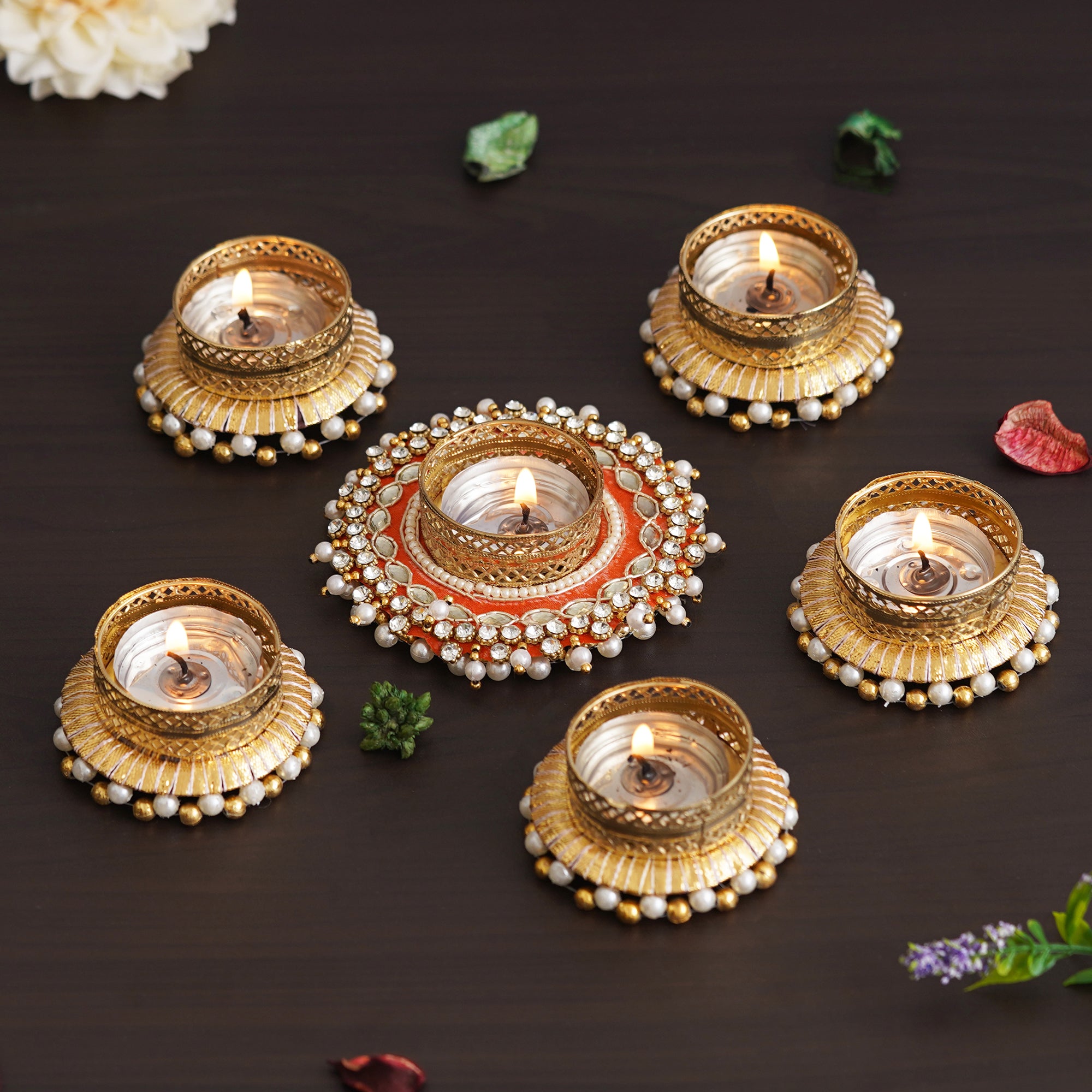 eCraftIndia Set of 6 Round Shaped Diamond Beads and Pearls Decorative Tea Light Candle Holders