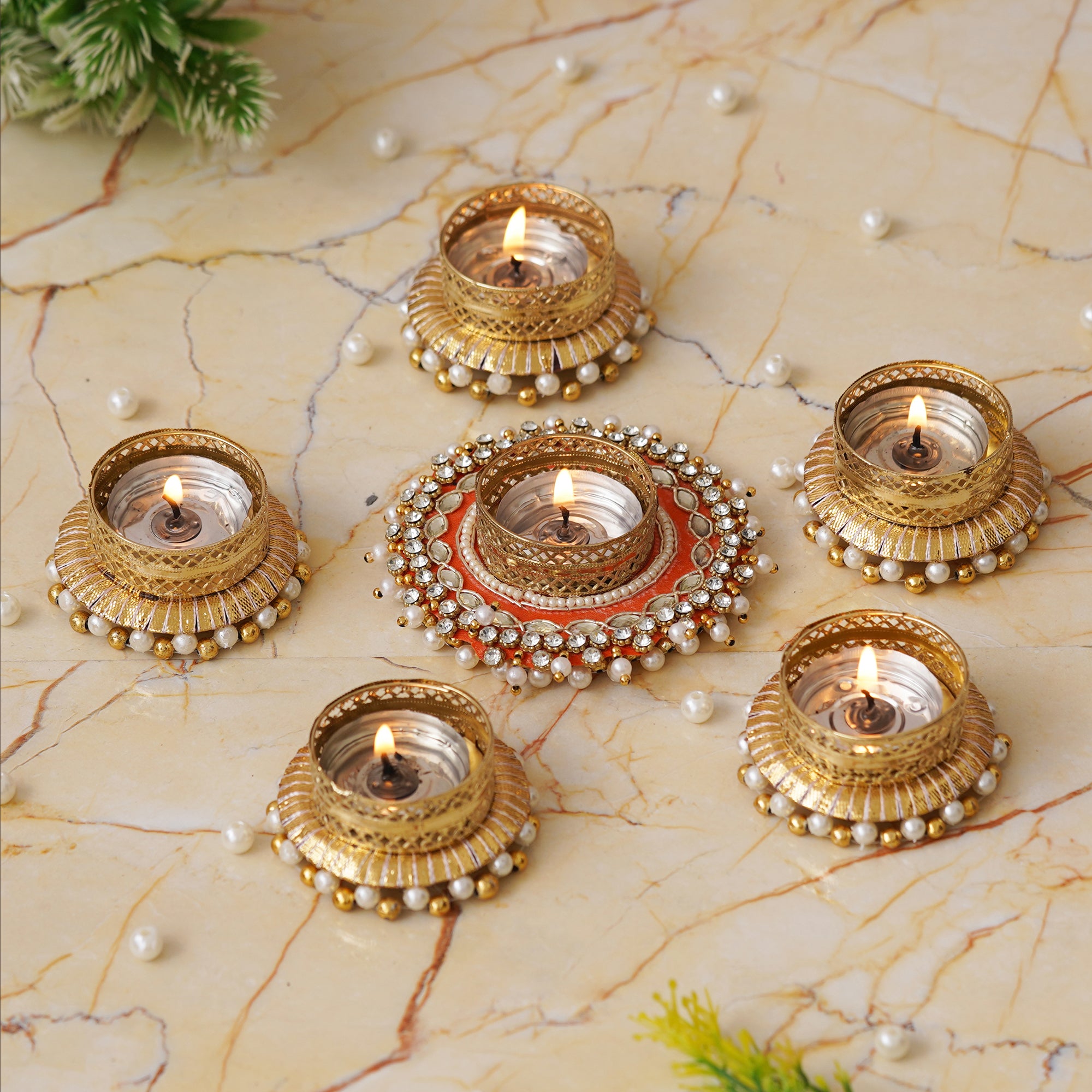 eCraftIndia Set of 6 Round Shaped Diamond Beads and Pearls Decorative Tea Light Candle Holders 1