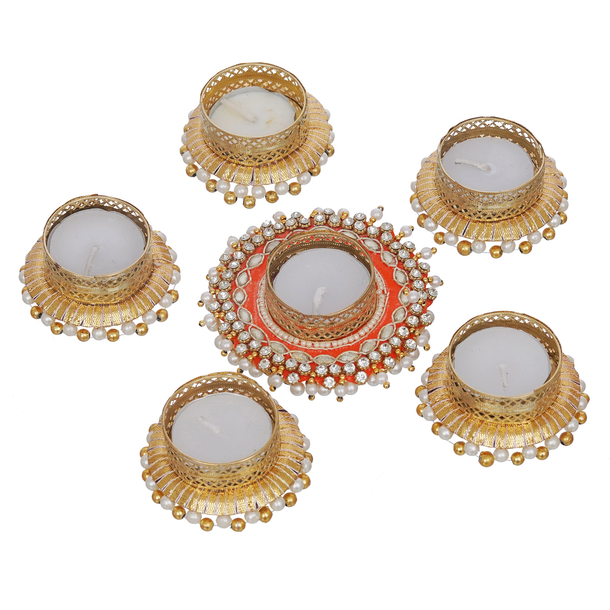 eCraftIndia Set of 6 Round Shaped Diamond Beads and Pearls Decorative Tea Light Candle Holders 2