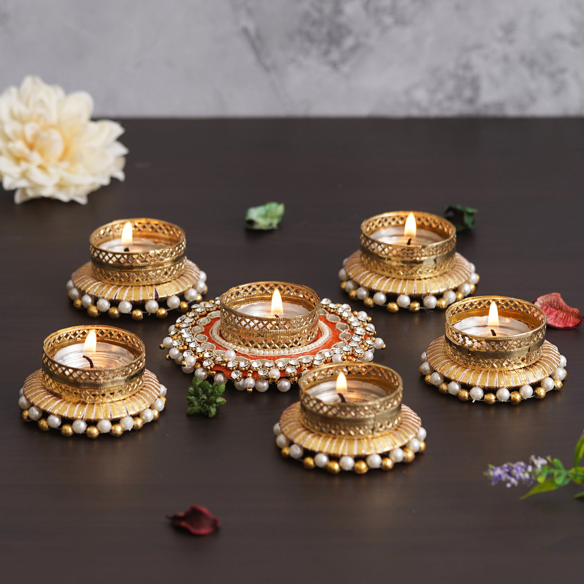 eCraftIndia Set of 6 Round Shaped Diamond Beads and Pearls Decorative Tea Light Candle Holders 5
