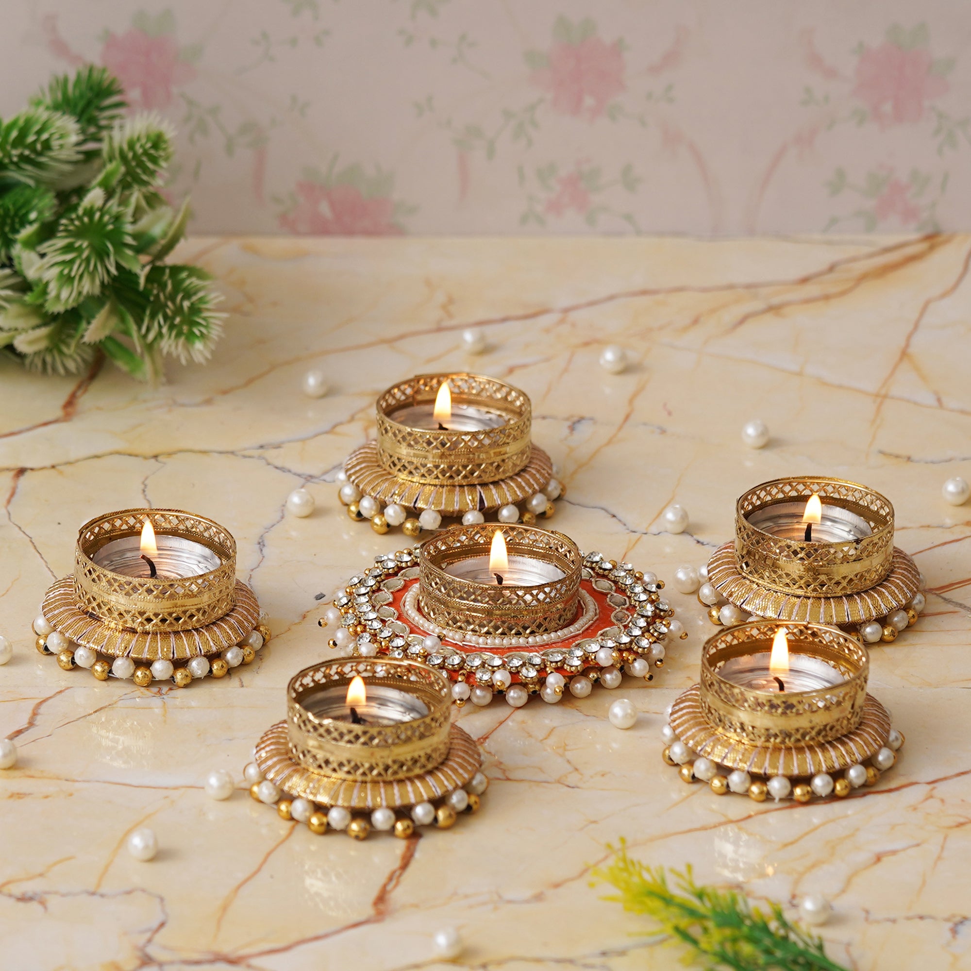 eCraftIndia Set of 6 Round Shaped Diamond Beads and Pearls Decorative Tea Light Candle Holders 6