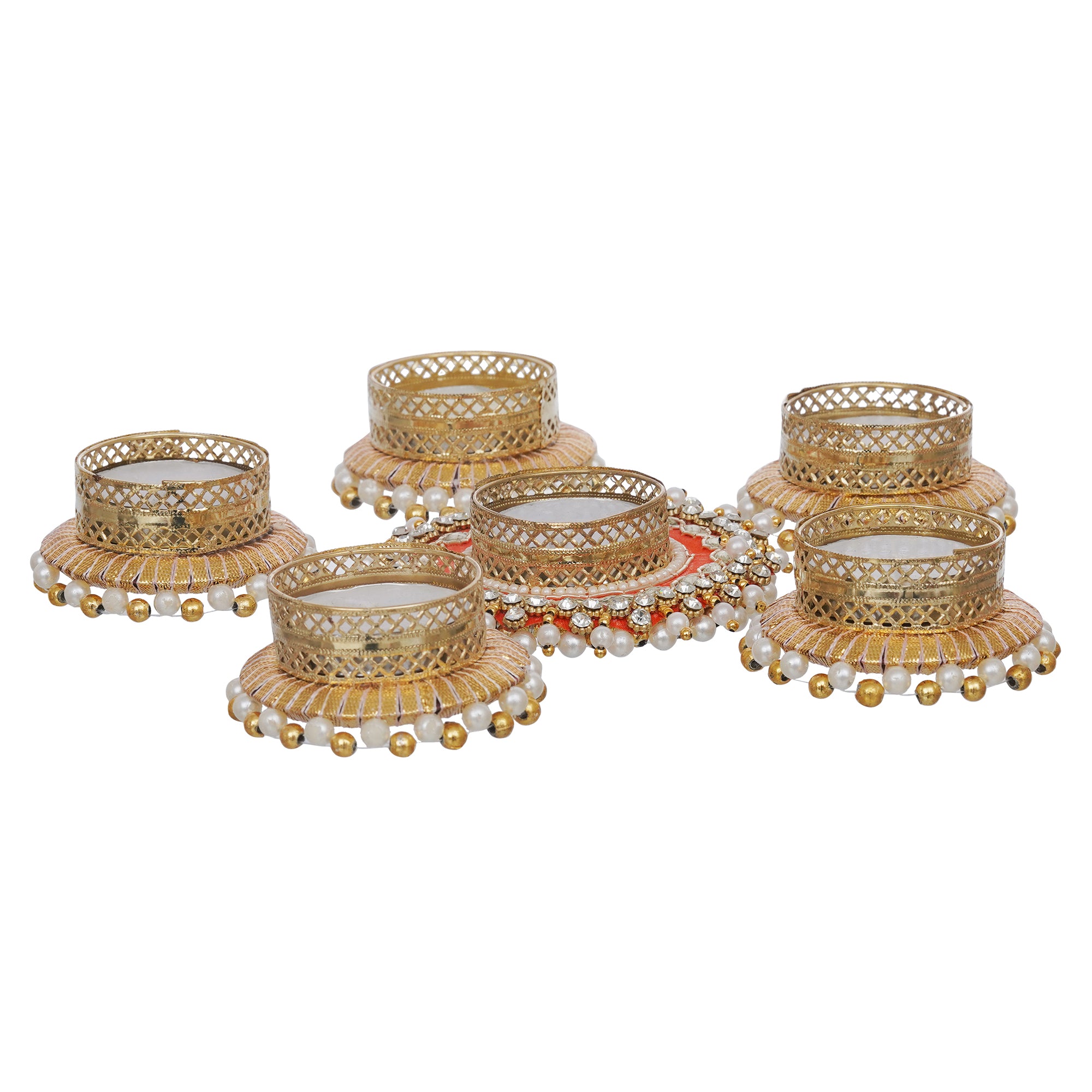 eCraftIndia Set of 6 Round Shaped Diamond Beads and Pearls Decorative Tea Light Candle Holders 7