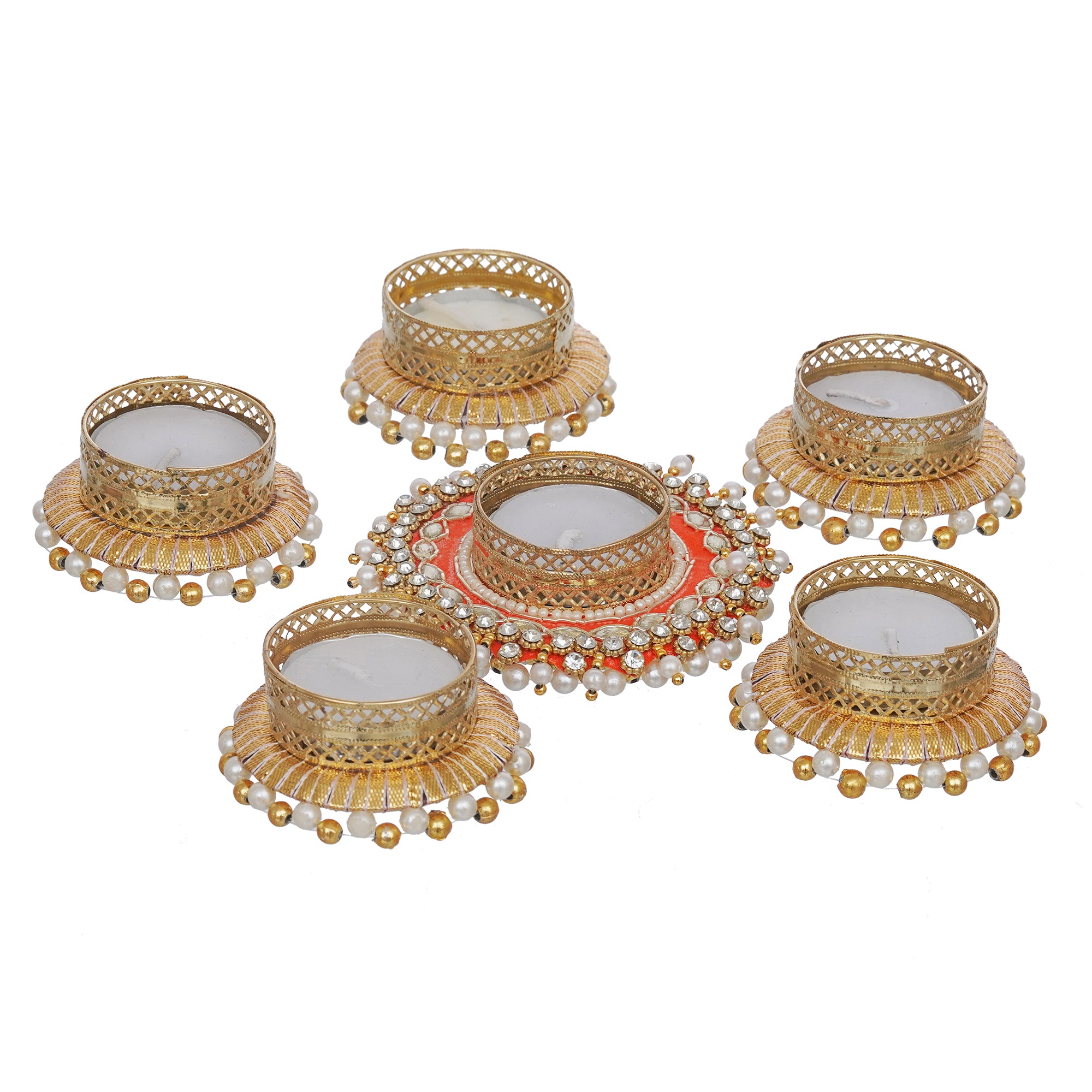 eCraftIndia Set of 6 Round Shaped Diamond Beads and Pearls Decorative Tea Light Candle Holders 8