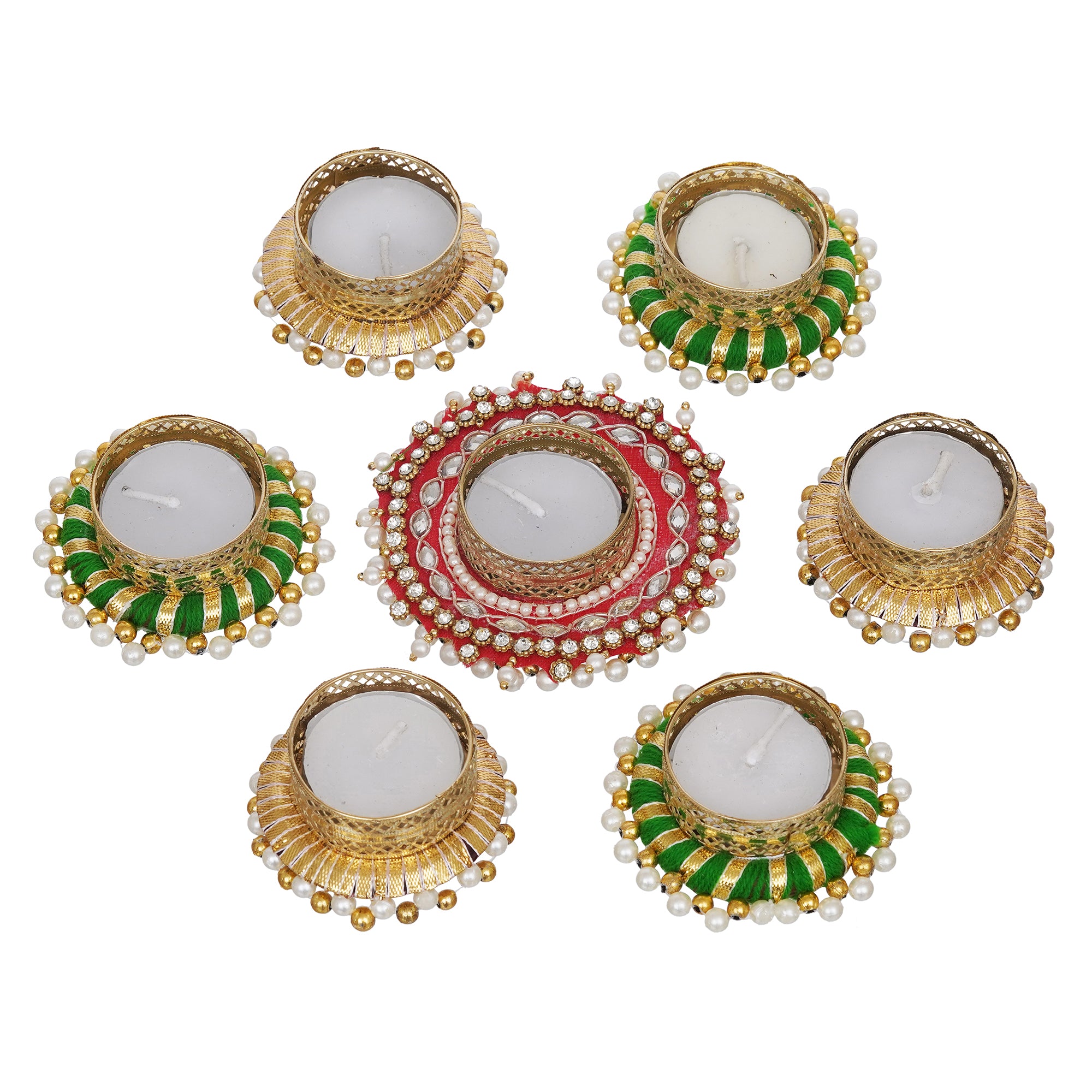 eCraftIndia Set of 7 Round Shaped Diamond Beads and Pearls Decorative Tea Light Candle Holders 2