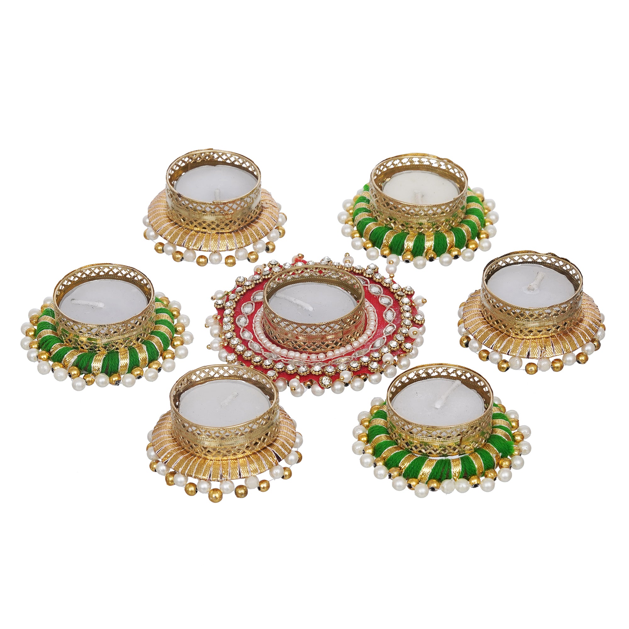 eCraftIndia Set of 7 Round Shaped Diamond Beads and Pearls Decorative Tea Light Candle Holders 7