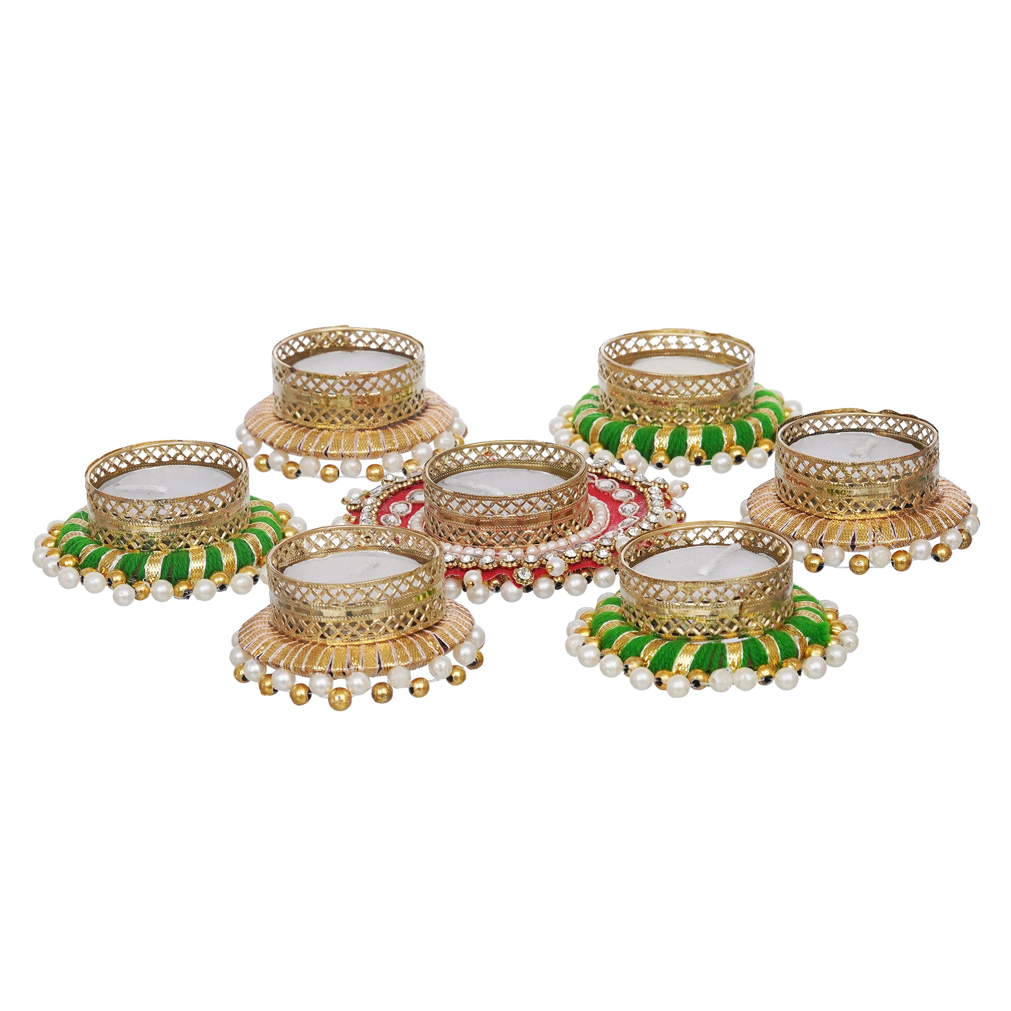 eCraftIndia Set of 7 Round Shaped Diamond Beads and Pearls Decorative Tea Light Candle Holders 8