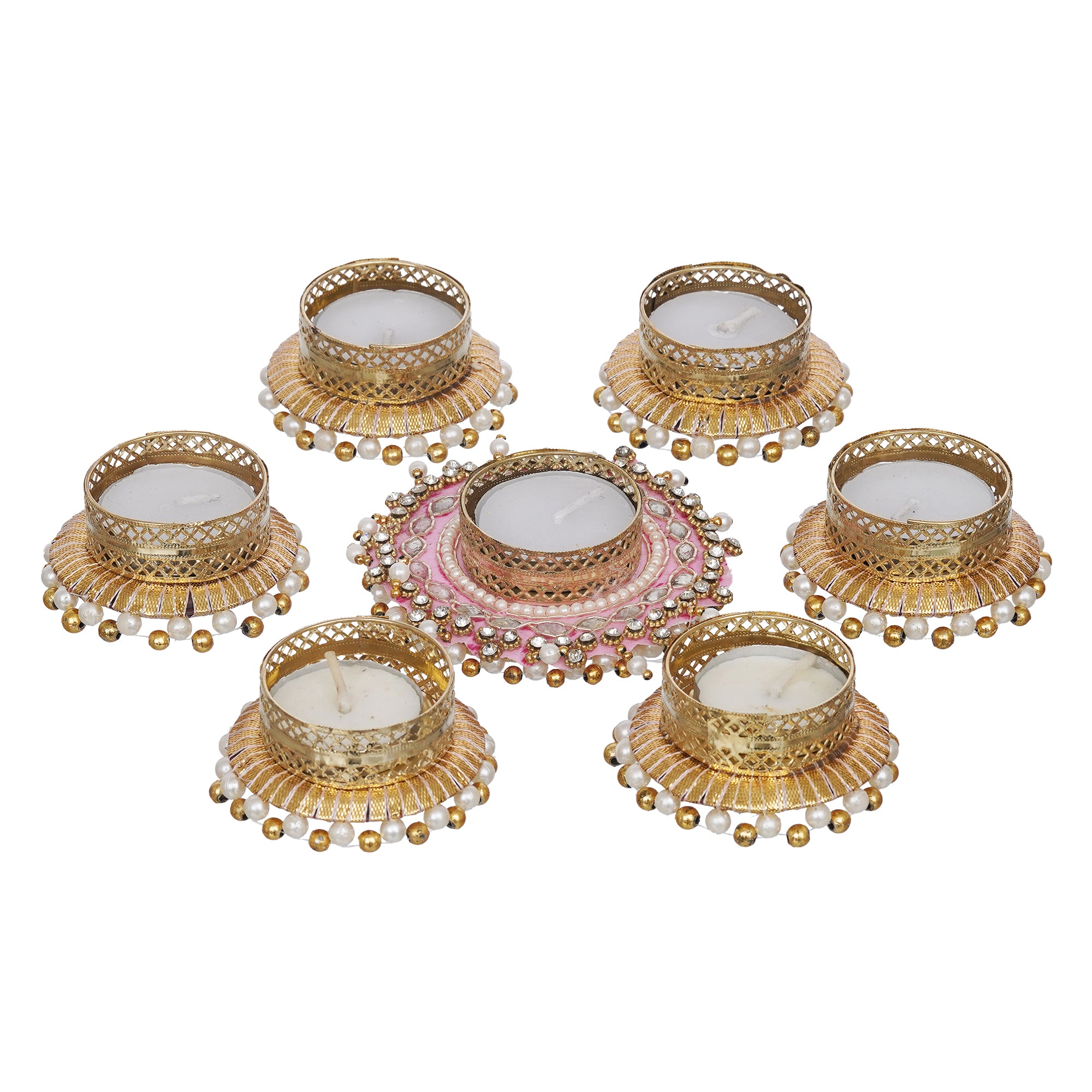 eCraftIndia Set of 7 Round Shaped Diamond Beads and Pearls Decorative Tea Light Candle Holders 7