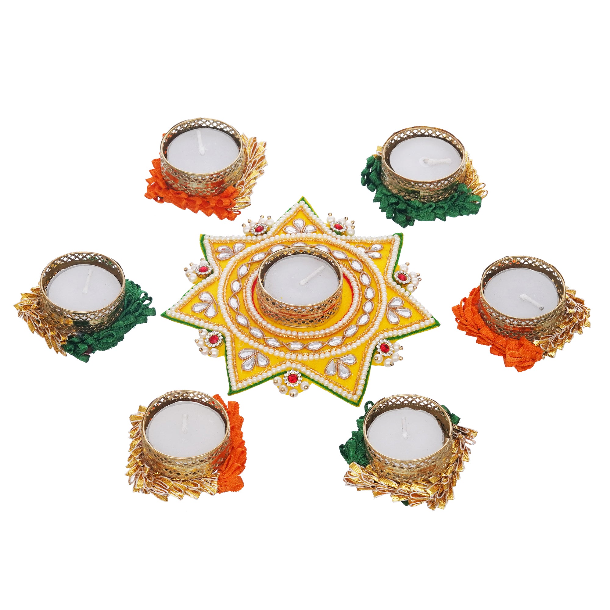 eCraftIndia Set of 7 Round and Star Shaped Diamond Beads and Pearls Decorative Tea Light Candle Holders 2