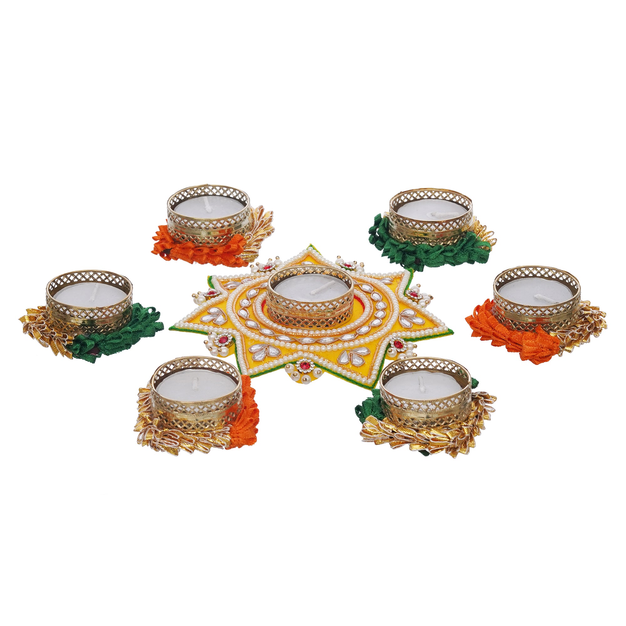 eCraftIndia Set of 7 Round and Star Shaped Diamond Beads and Pearls Decorative Tea Light Candle Holders 7
