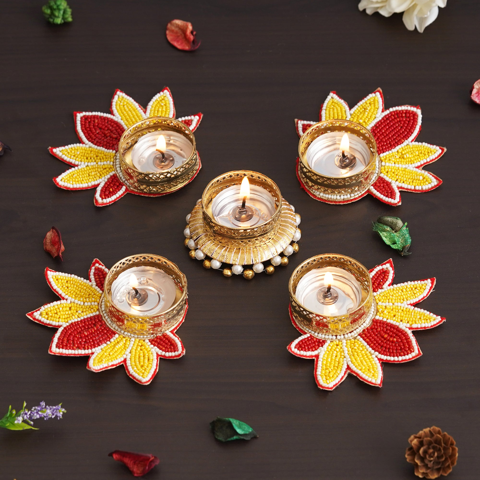 eCraftIndia Set of 5 Yellow and Red Lotus Flower Decorative Tea Light Candle Holders