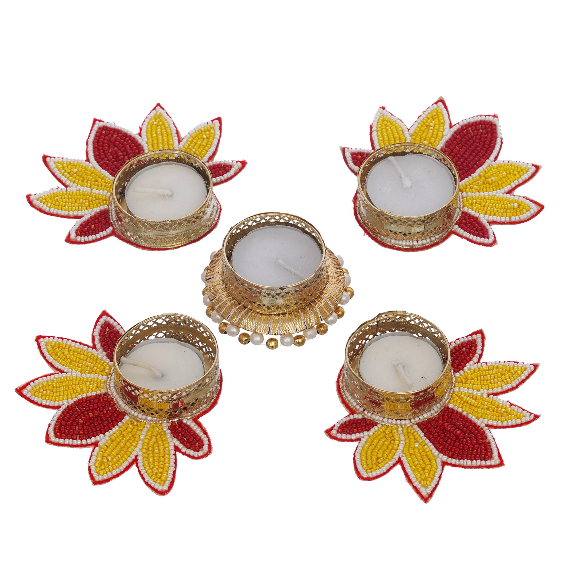 eCraftIndia Set of 5 Yellow and Red Lotus Flower Decorative Tea Light Candle Holders 2