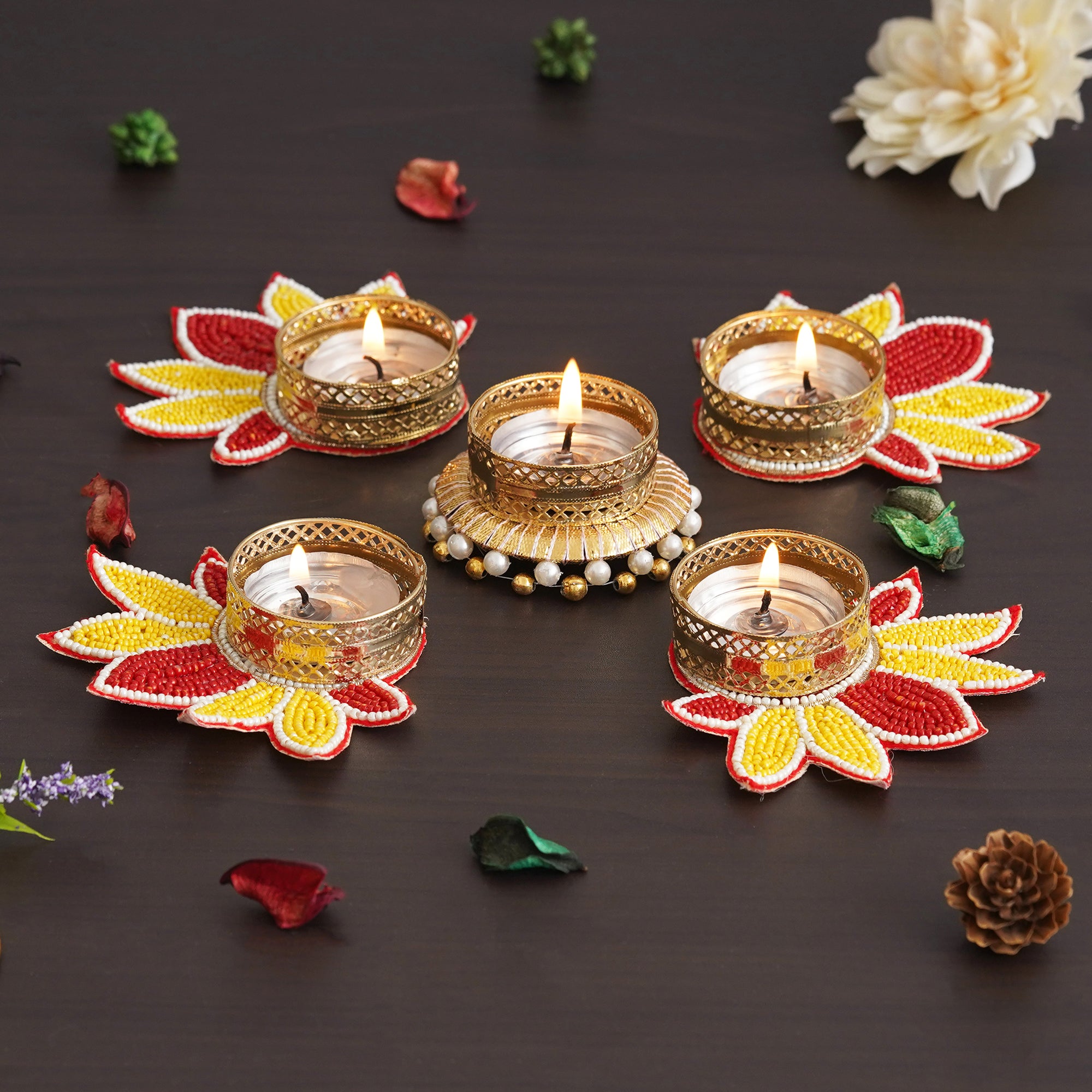 eCraftIndia Set of 5 Yellow and Red Lotus Flower Decorative Tea Light Candle Holders 5