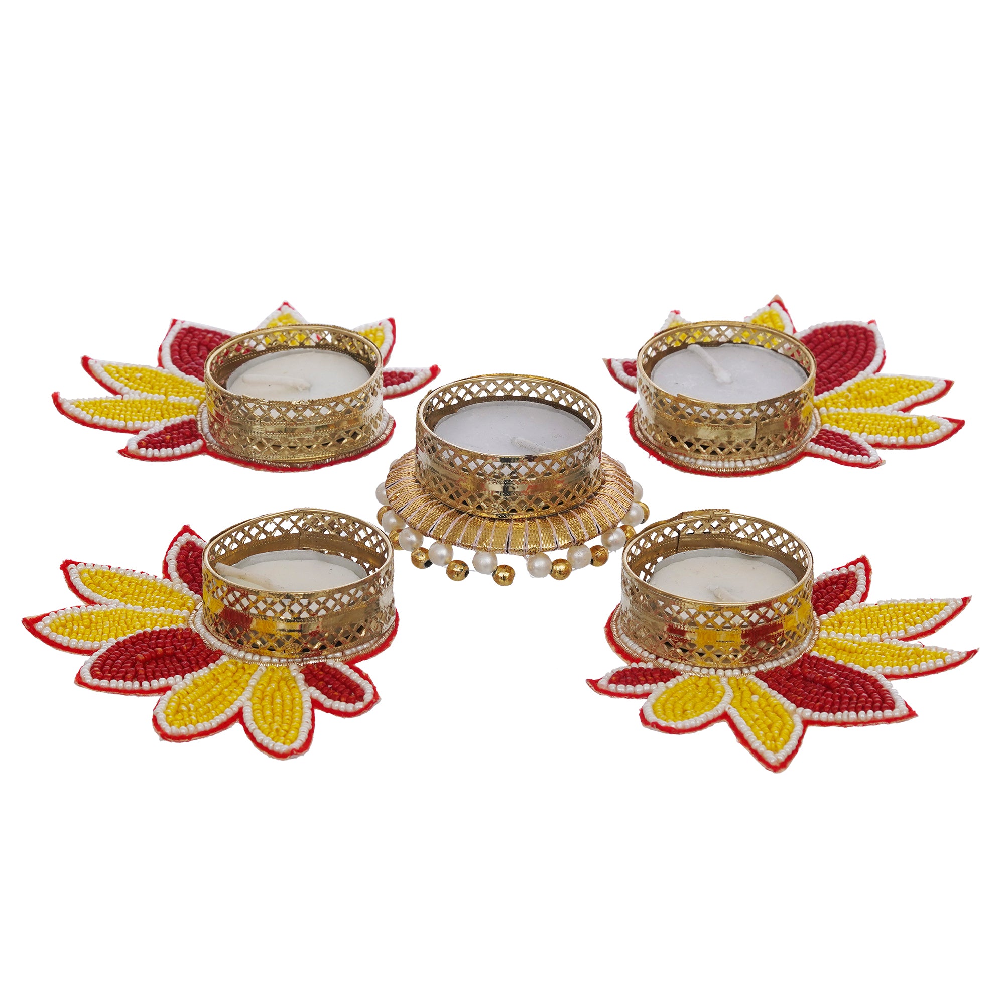 eCraftIndia Set of 5 Yellow and Red Lotus Flower Decorative Tea Light Candle Holders 7