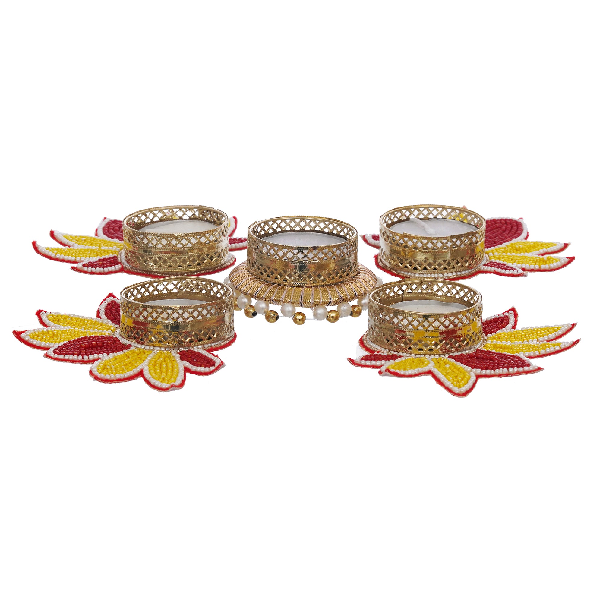eCraftIndia Set of 5 Yellow and Red Lotus Flower Decorative Tea Light Candle Holders 8