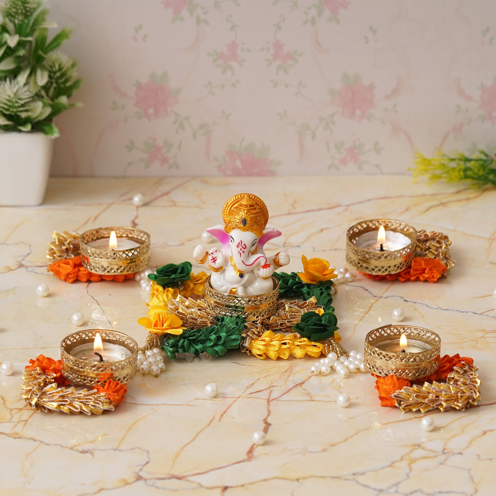eCraftIndia Lord Ganesha Idol on Floral and Beads Embellished Handcrafted Plate with 4 Decorative Tea Light Candle Holders 1
