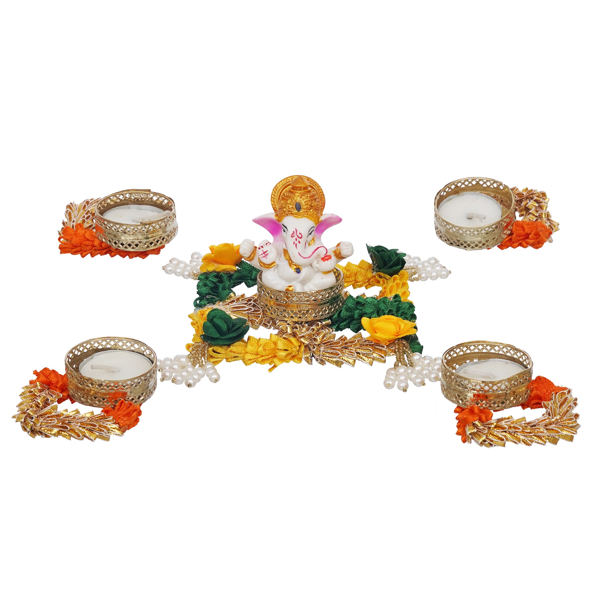 eCraftIndia Lord Ganesha Idol on Floral and Beads Embellished Handcrafted Plate with 4 Decorative Tea Light Candle Holders 2