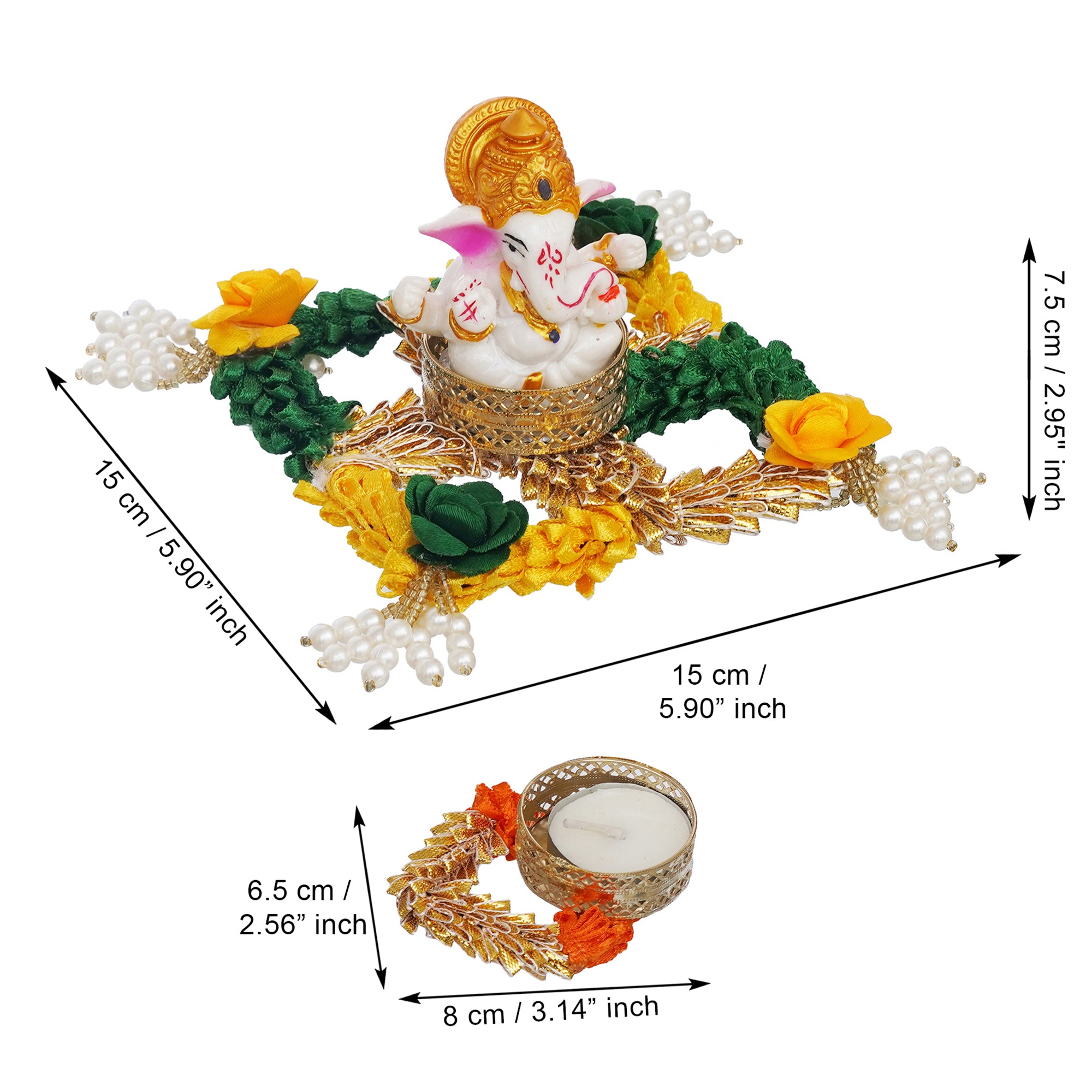 eCraftIndia Lord Ganesha Idol on Floral and Beads Embellished Handcrafted Plate with 4 Decorative Tea Light Candle Holders 3