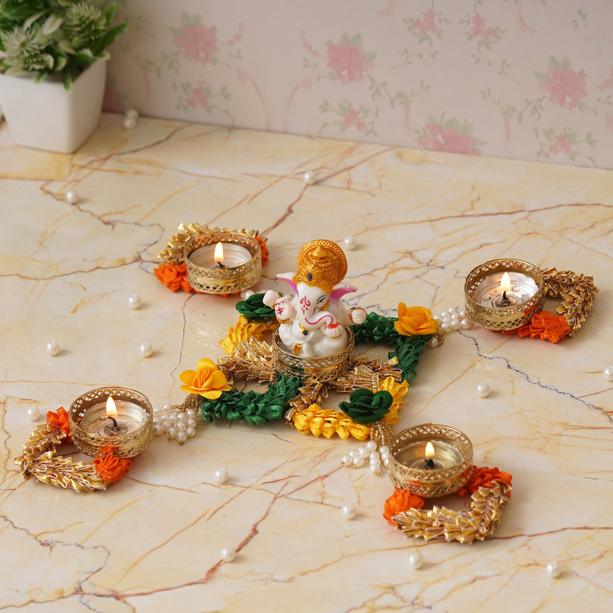 eCraftIndia Lord Ganesha Idol on Floral and Beads Embellished Handcrafted Plate with 4 Decorative Tea Light Candle Holders 5