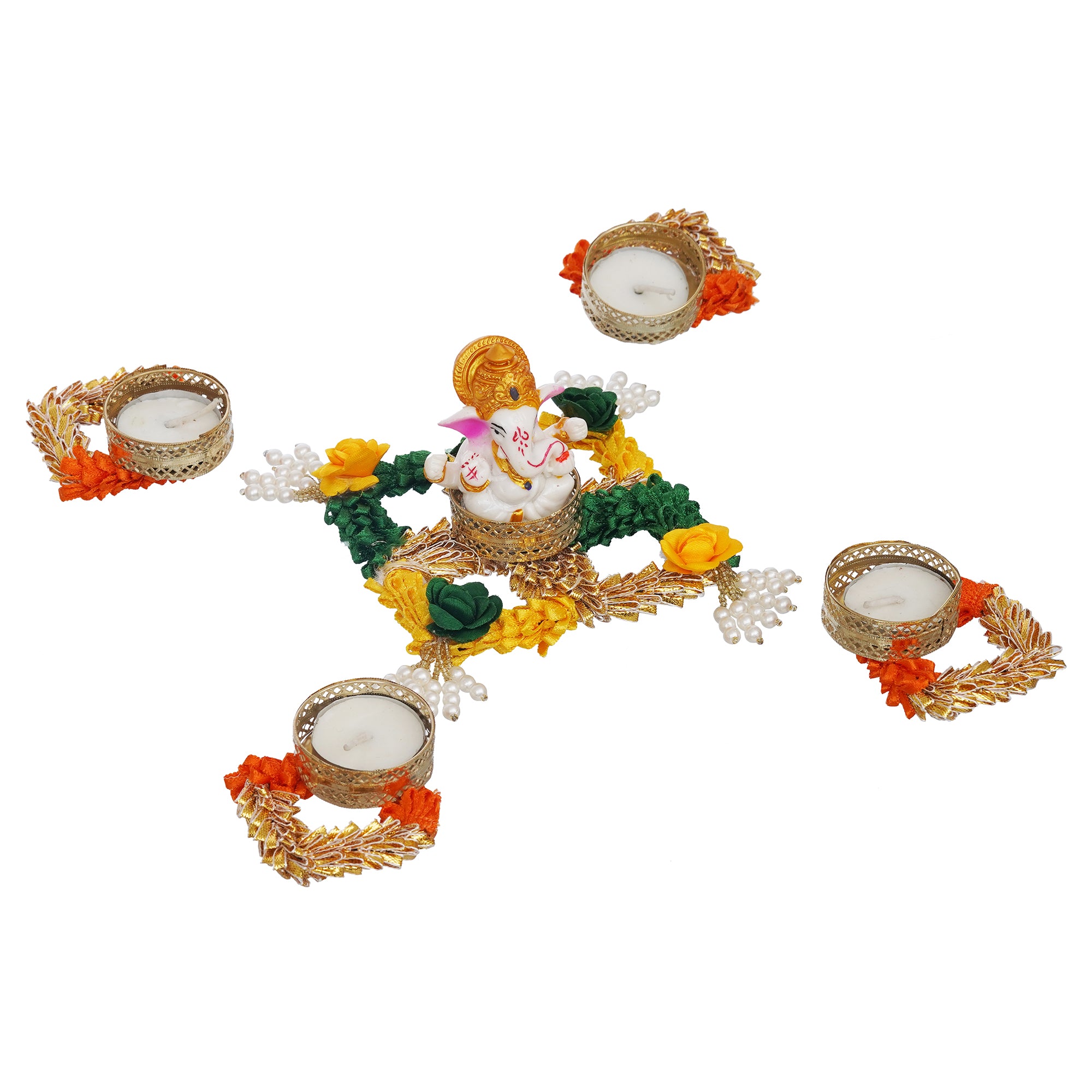 eCraftIndia Lord Ganesha Idol on Floral and Beads Embellished Handcrafted Plate with 4 Decorative Tea Light Candle Holders 6