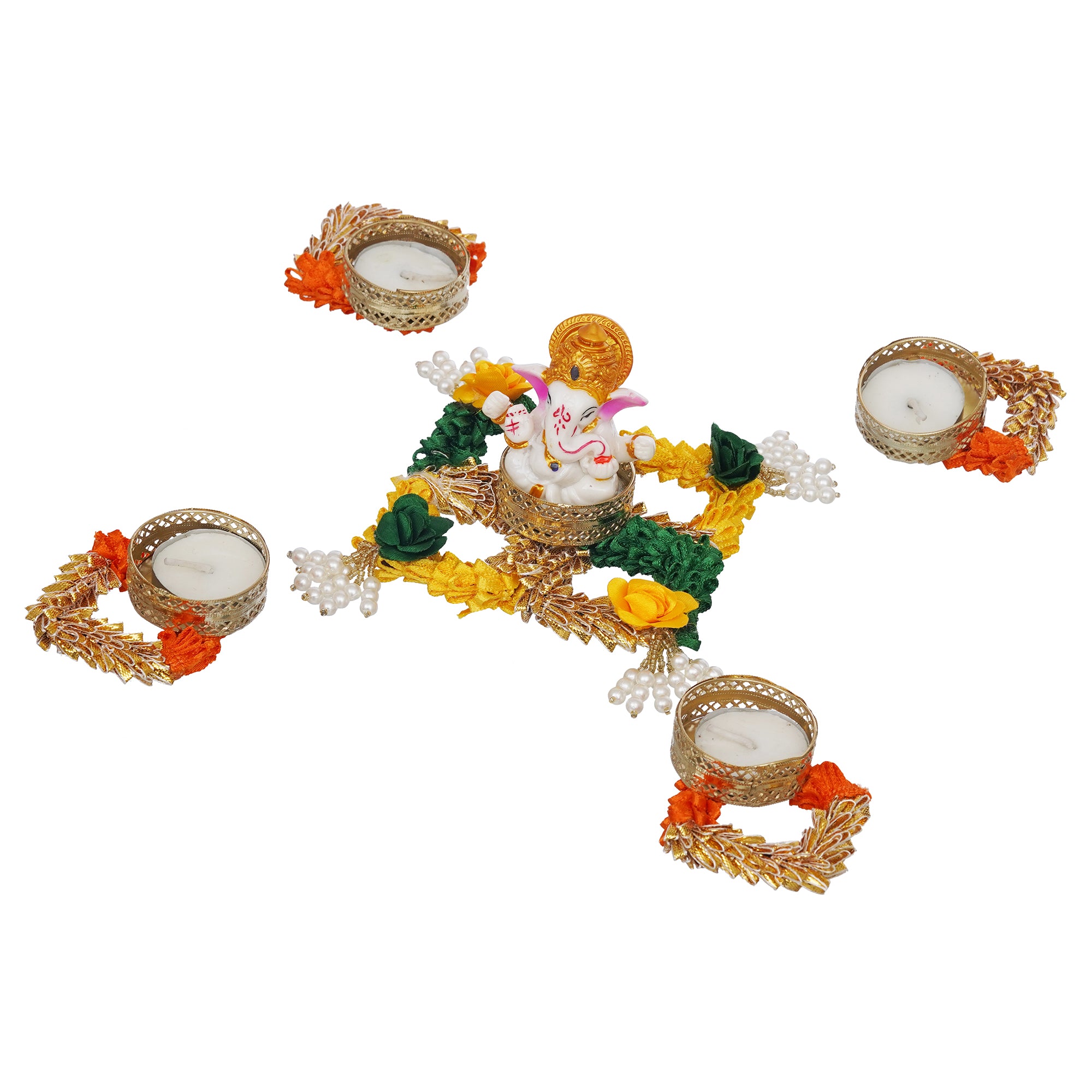 eCraftIndia Lord Ganesha Idol on Floral and Beads Embellished Handcrafted Plate with 4 Decorative Tea Light Candle Holders 7