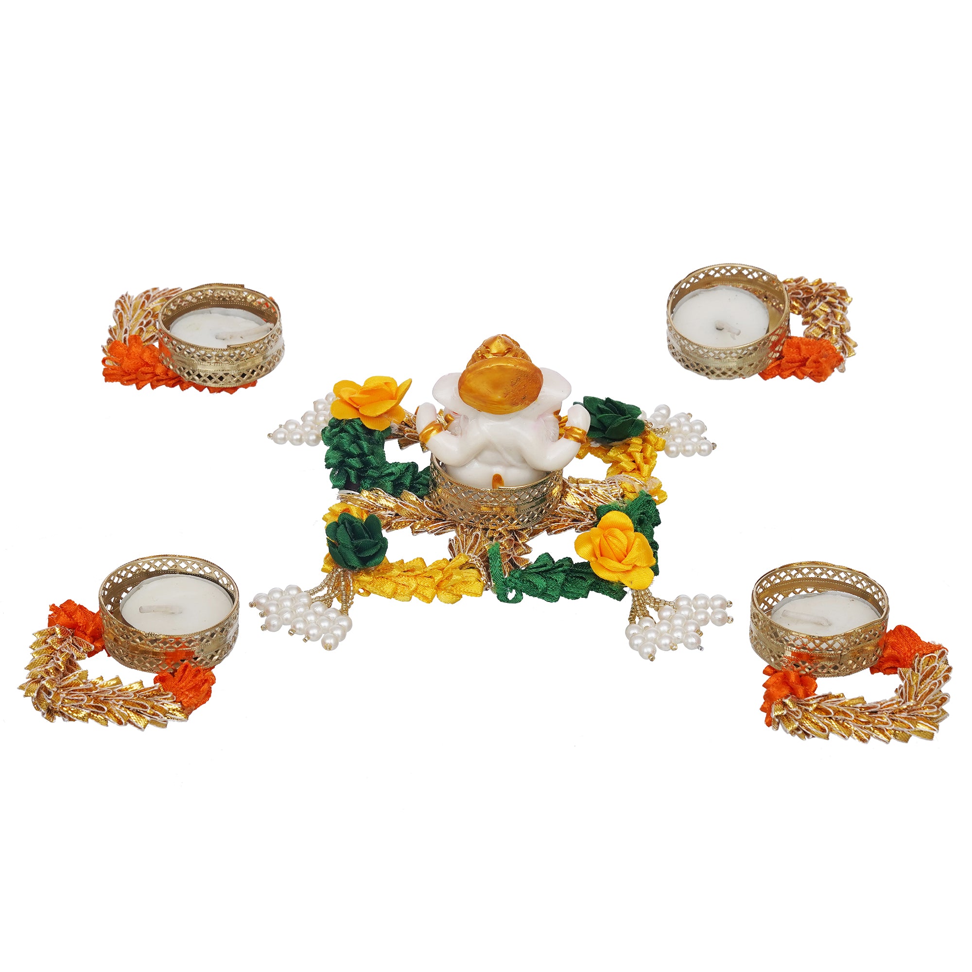 eCraftIndia Lord Ganesha Idol on Floral and Beads Embellished Handcrafted Plate with 4 Decorative Tea Light Candle Holders 8